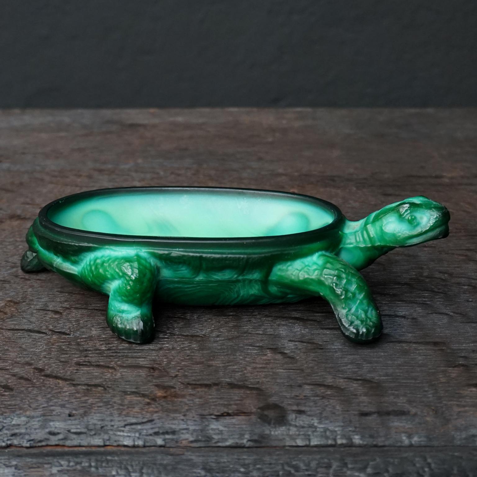 Slag Glass 1930s Art Deco Bohemian Schlevogt, Petrucci Malachite Glass Turtle Trinket Dish