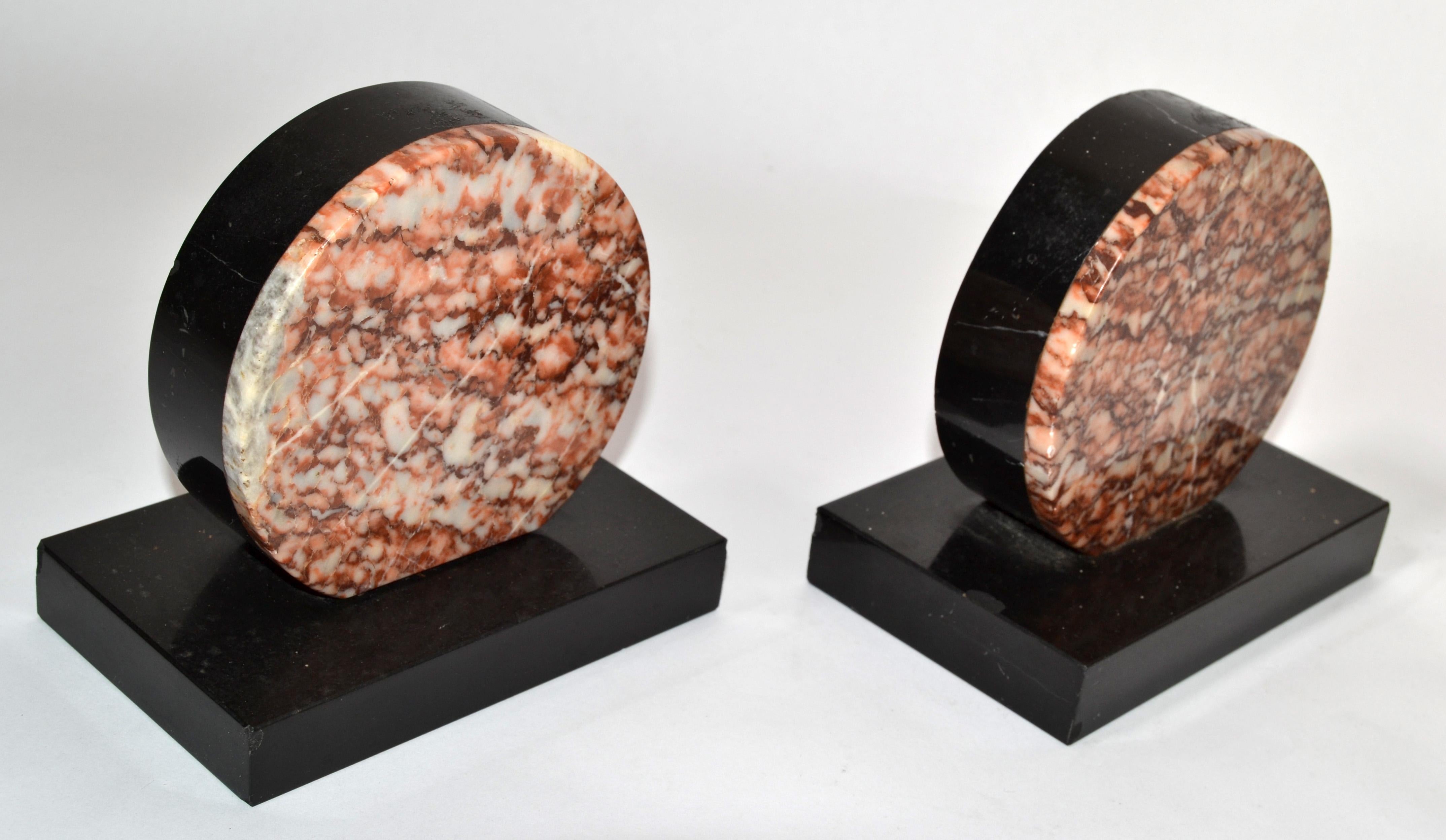 1930s Art Deco Bookends Beige Marble Hand Carved 3 Colors Sphere Rectangle Base In Good Condition For Sale In Miami, FL
