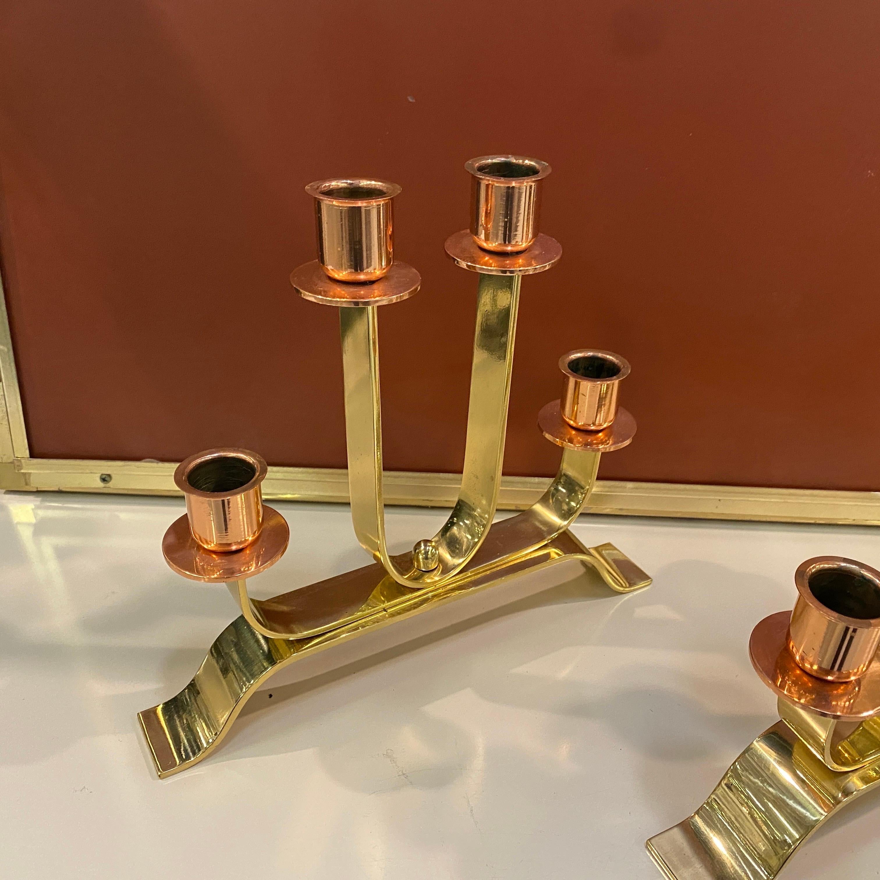 20th Century 1930s Set of Two Art Deco Brass and Copper Italian Candelabras