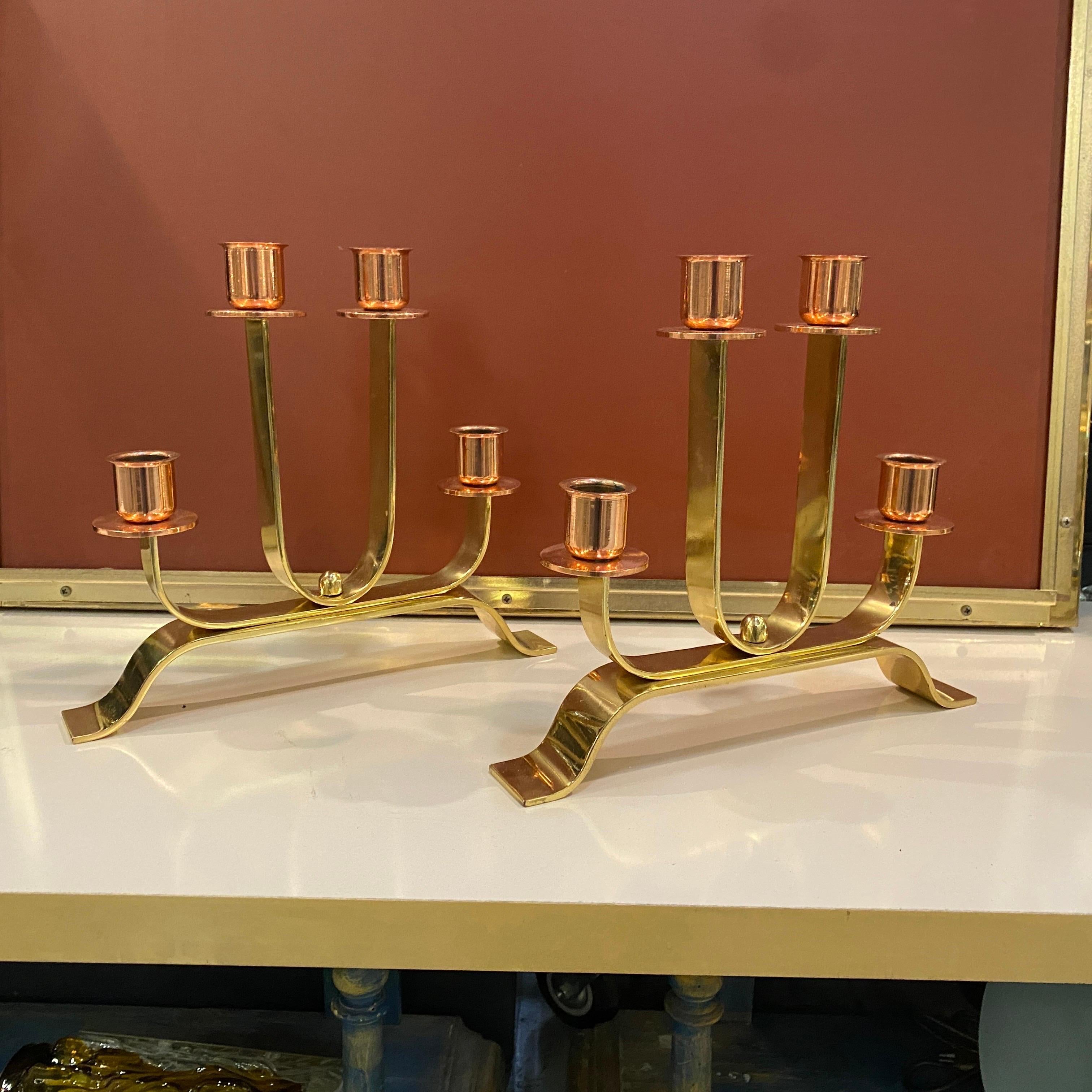 1930s Set of Two Art Deco Brass and Copper Italian Candelabras 1