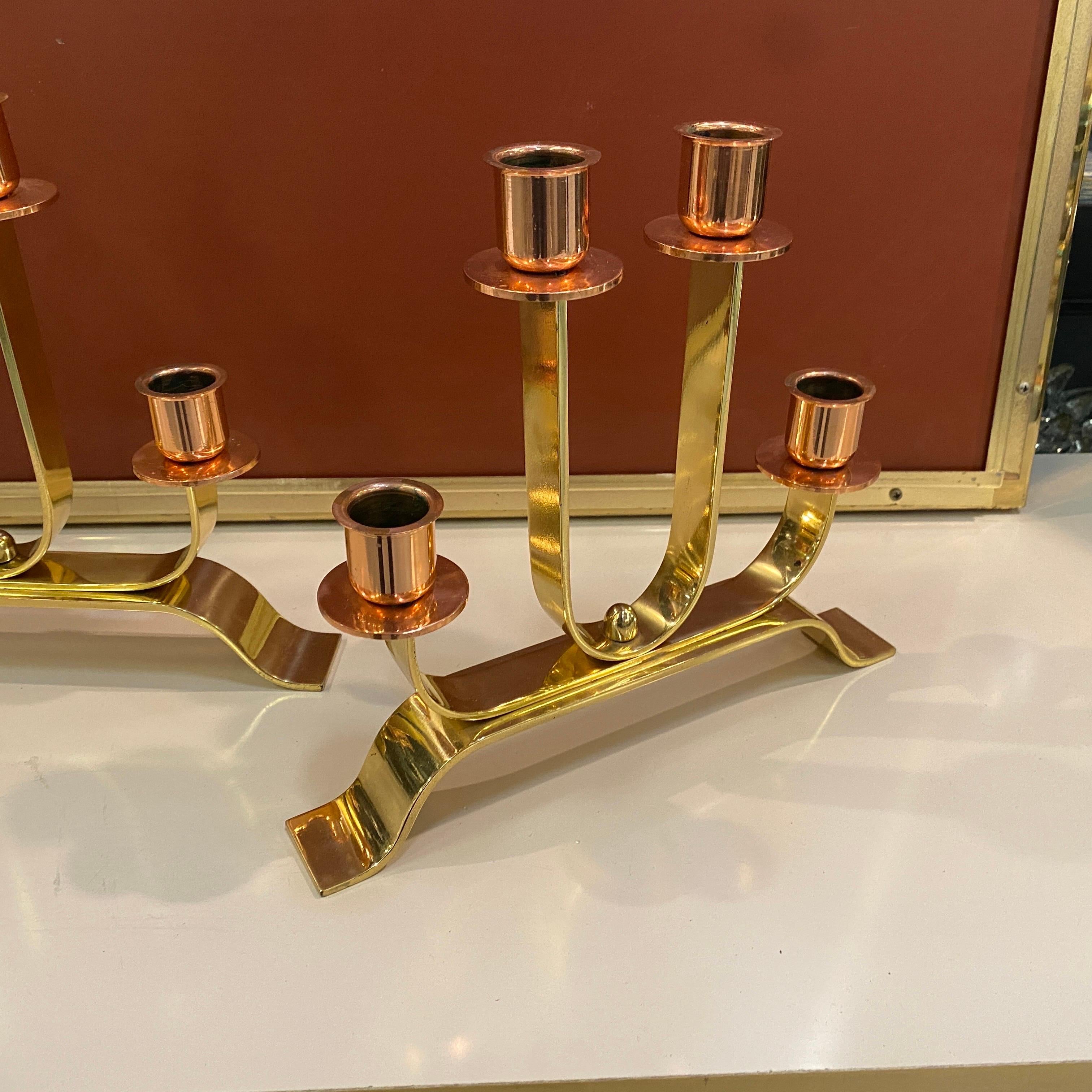 1930s Set of Two Art Deco Brass and Copper Italian Candelabras 5