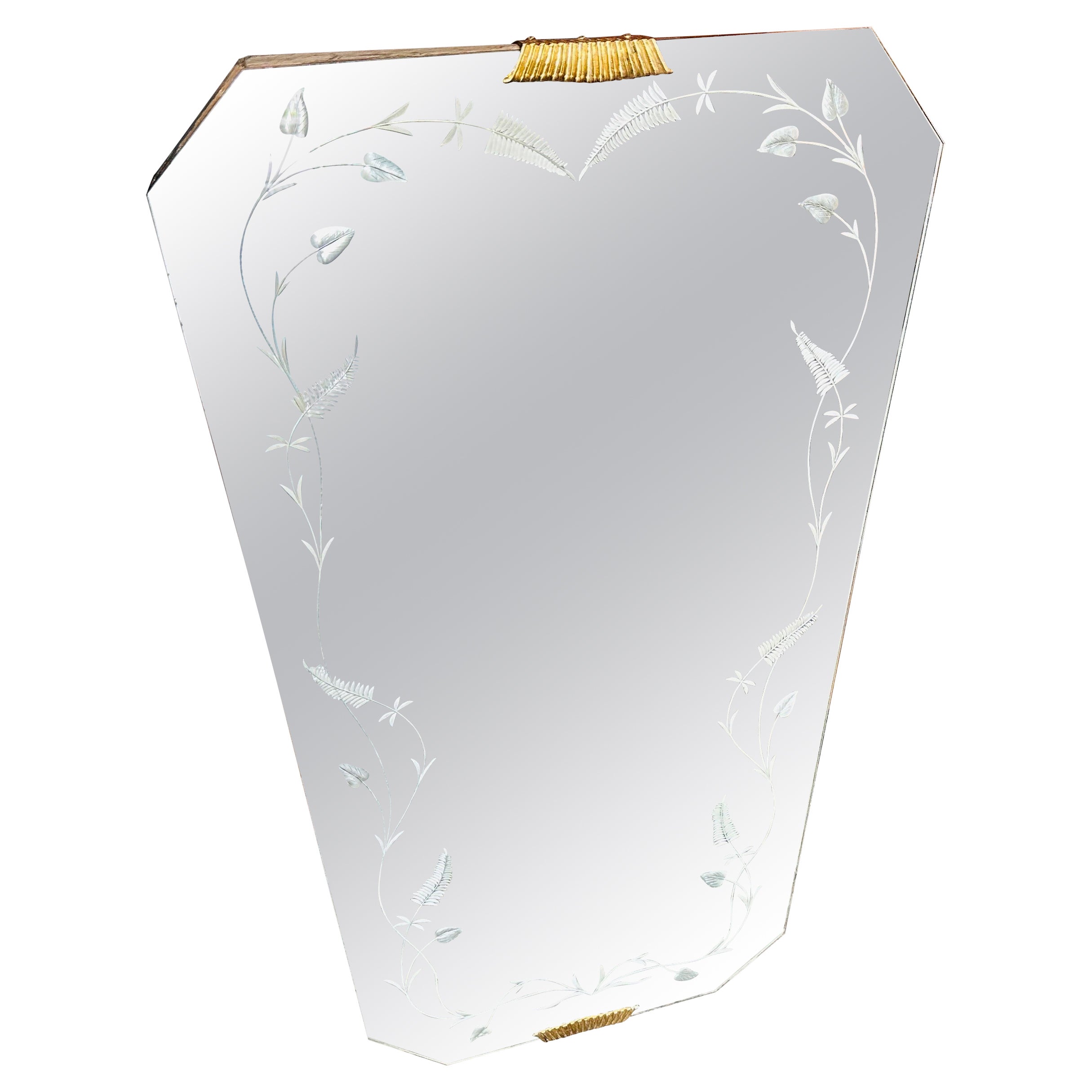 1930s Art Deco Brass and Etched Glass Hexagonal Italian Wall Mirror