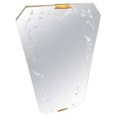 1930s Art Deco Brass and Etched Glass Hexagonal Italian Wall Mirror