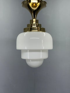 1930s Art Deco Brass and Opaline Glass Flush Mount, Czech