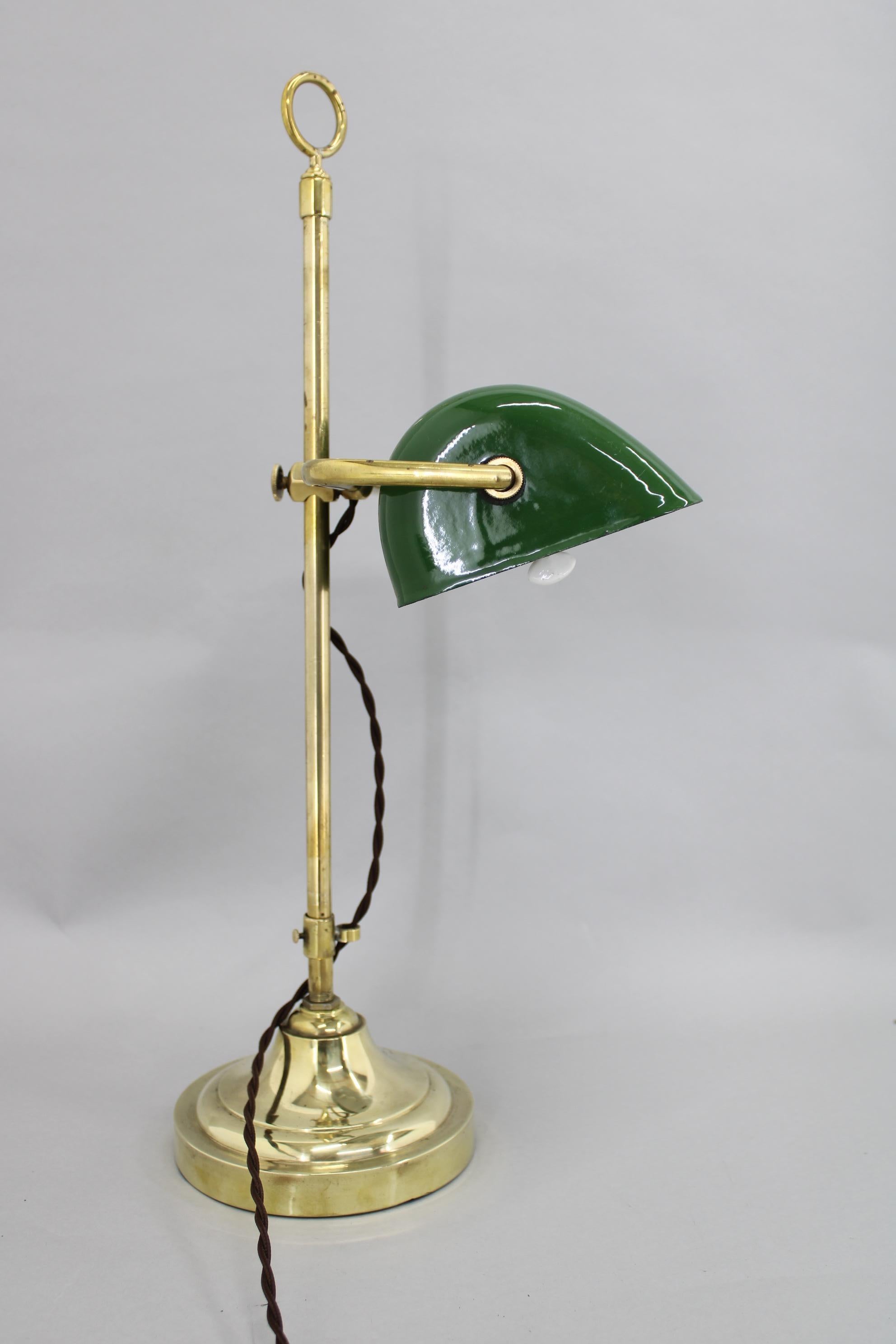 Metal 1930s Art Deco Brass  Banker Table Lamp, Czechoslovakia For Sale