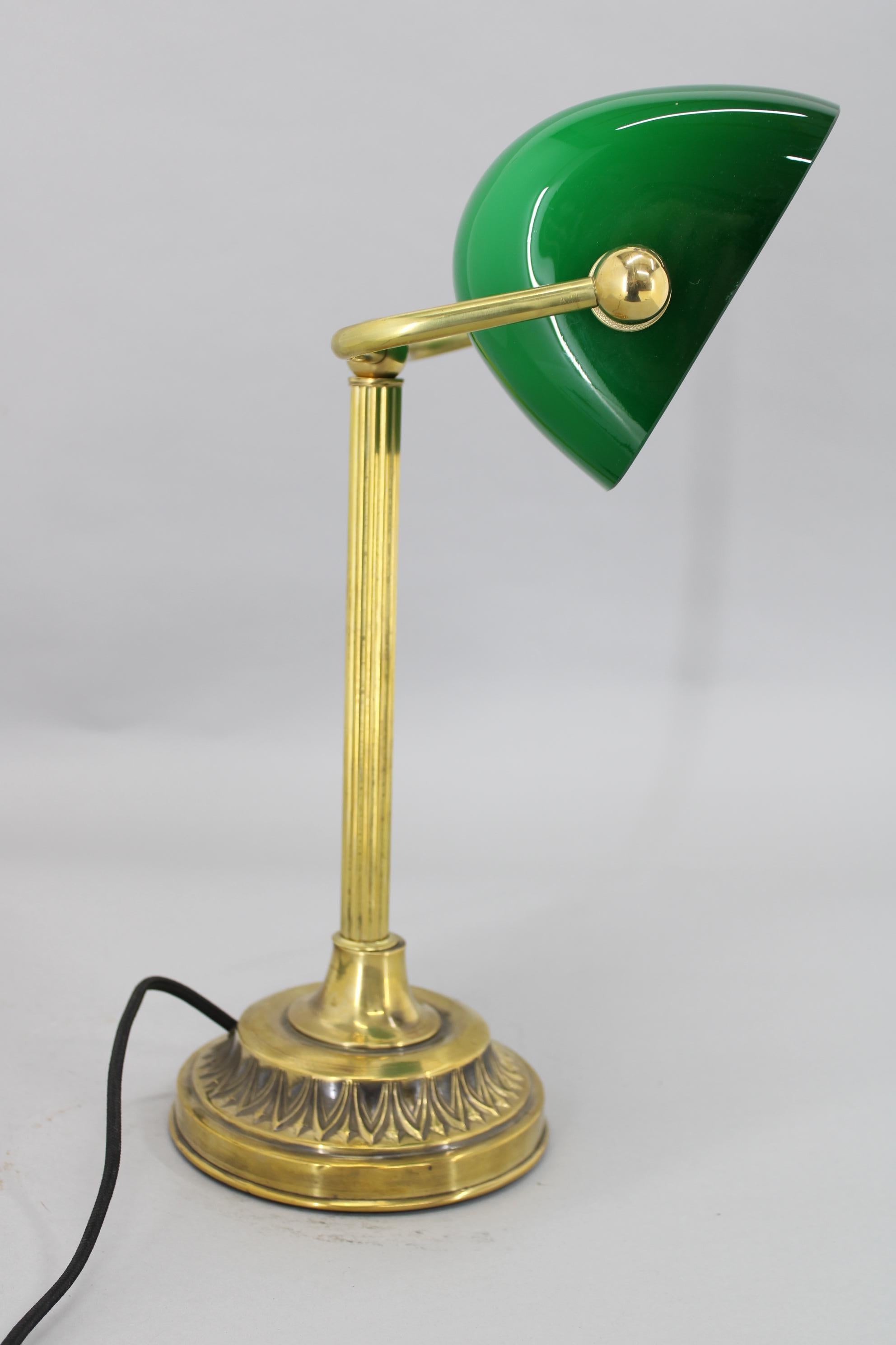 1930s Art Deco Brass  Banker Table Lamp with Glass Shade, Czechoslovakia 7