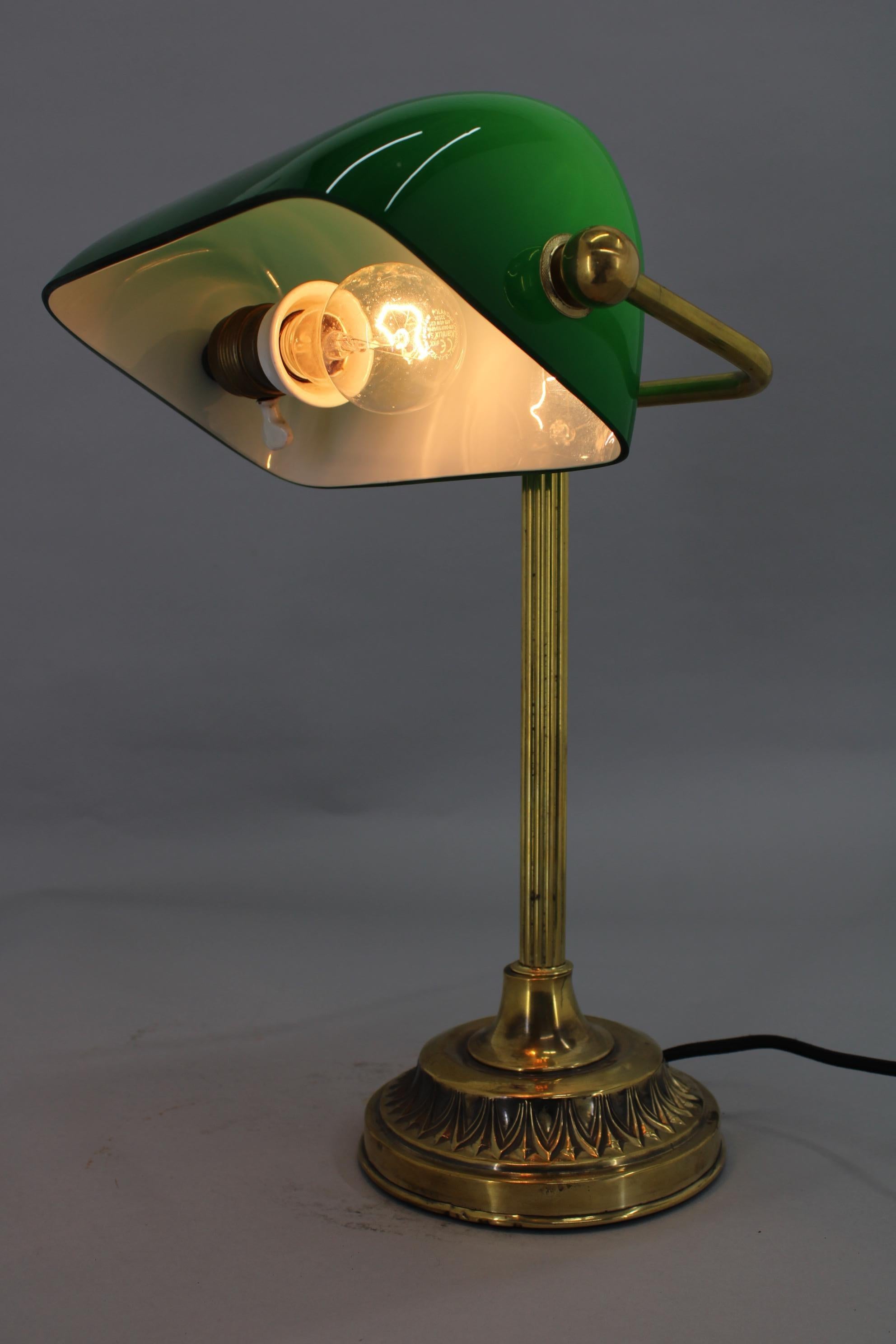 1930s Art Deco Brass  Banker Table Lamp with Glass Shade, Czechoslovakia 9