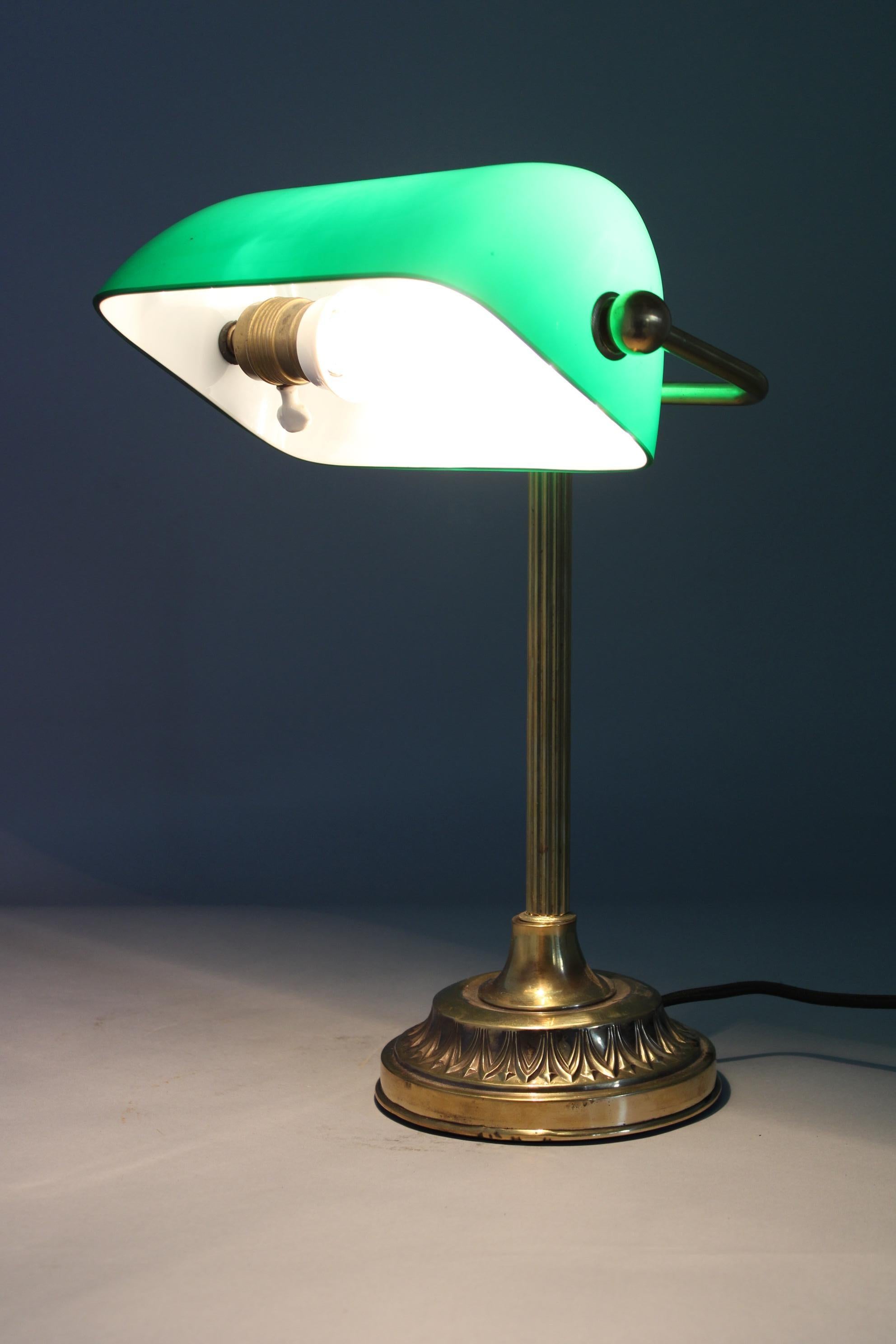 1930s Art Deco Brass  Banker Table Lamp with Glass Shade, Czechoslovakia 10