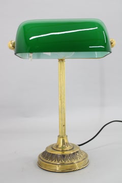 1930s Art Deco Brass  Banker Table Lamp with Glass Shade, Czechoslovakia