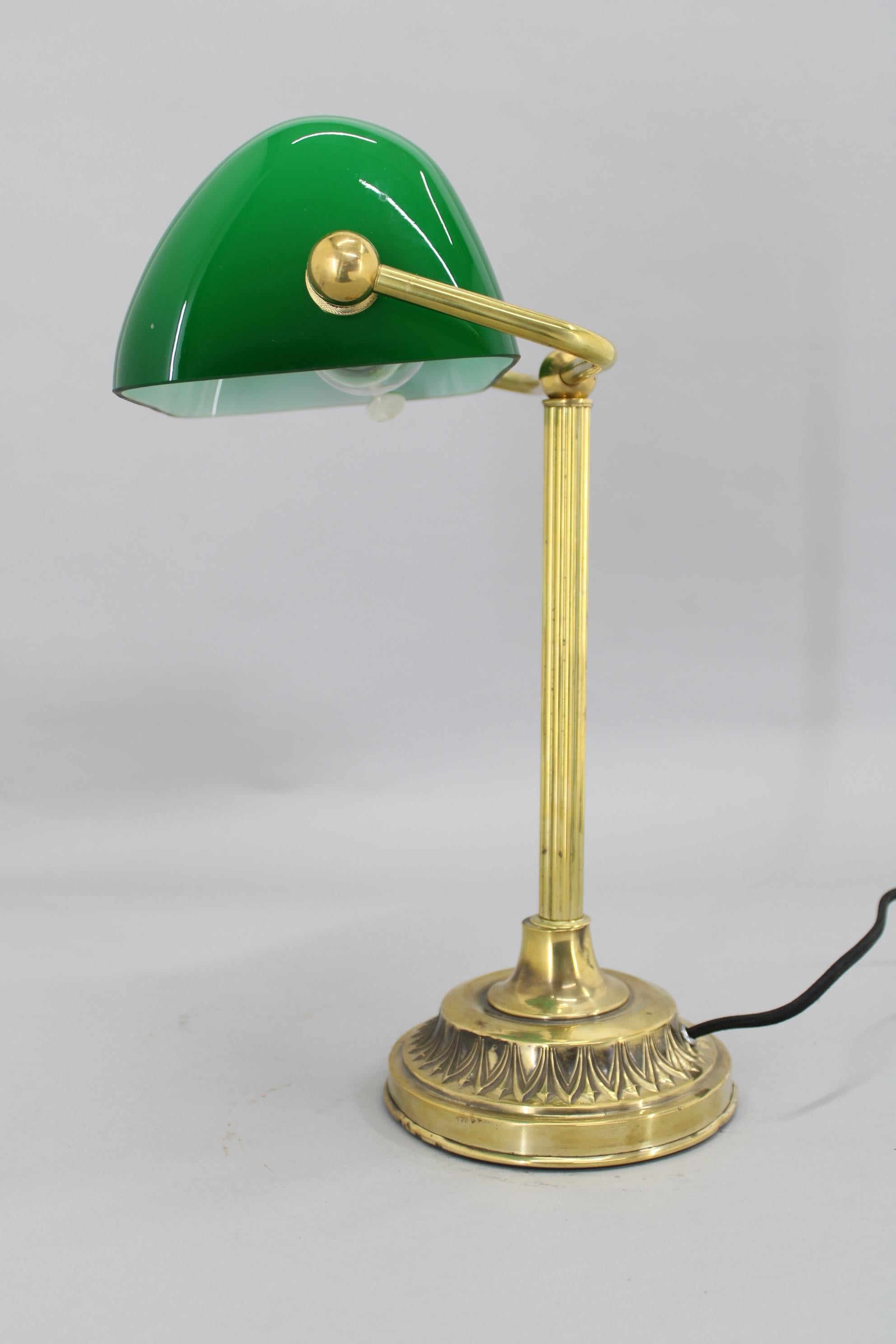 1930s Art Deco Brass  Banker Table Lamp with Glass Shade, Czechoslovakia 2