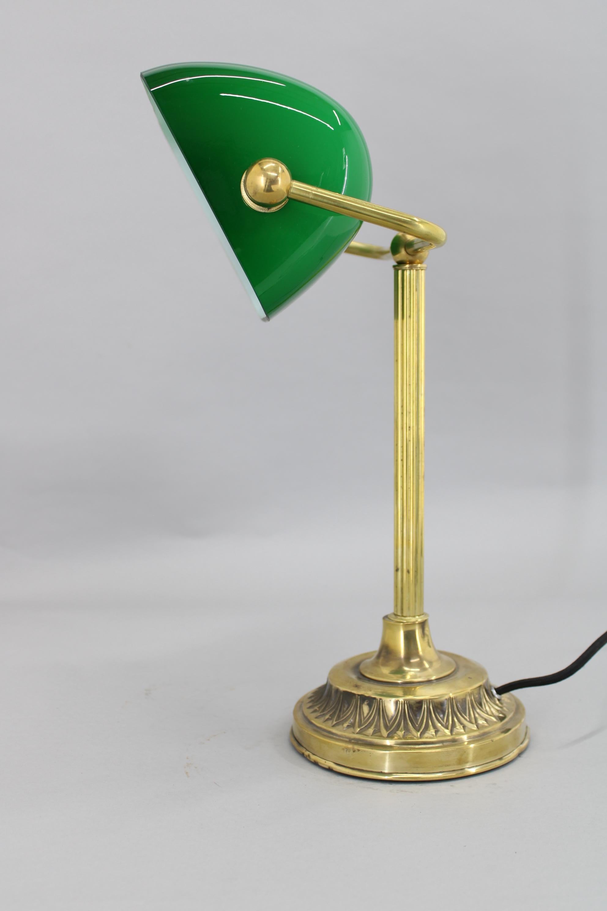 1930s Art Deco Brass  Banker Table Lamp with Glass Shade, Czechoslovakia 3