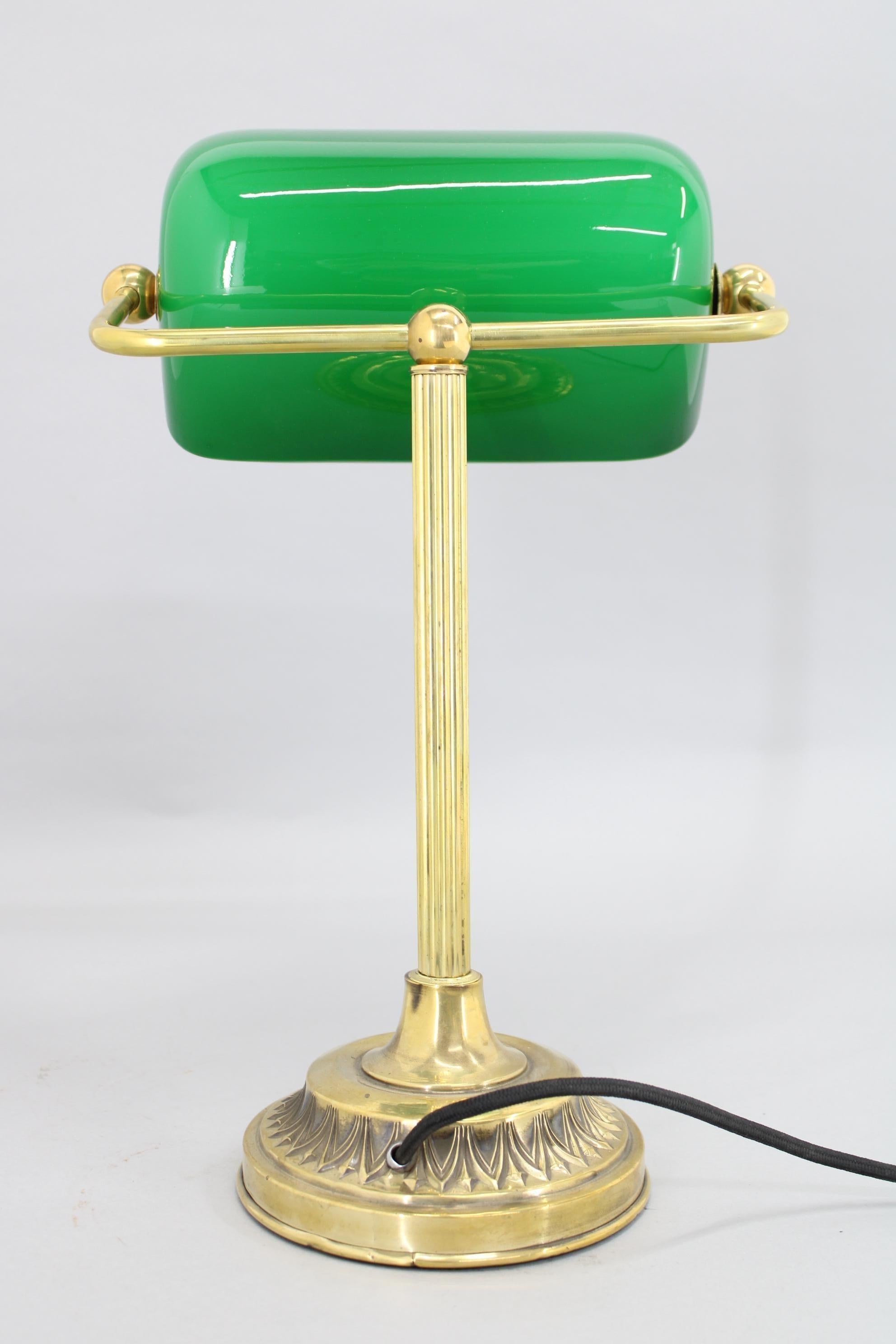1930s Art Deco Brass  Banker Table Lamp with Glass Shade, Czechoslovakia 4