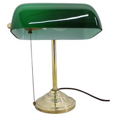 1930s Art Deco Brass  Banker Table Lamp with Glass Shade, Czechoslovakia 