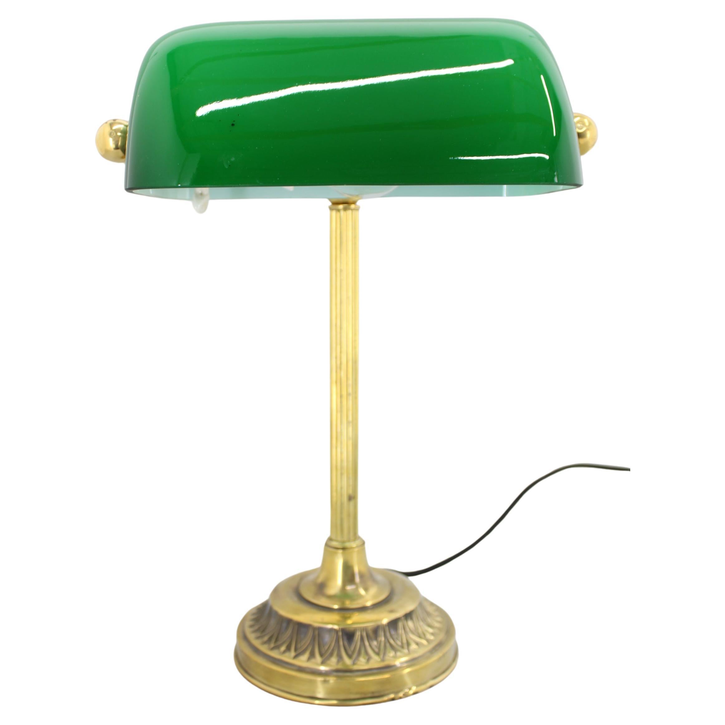 1930s Art Deco Brass  Banker Table Lamp with Glass Shade, Czechoslovakia