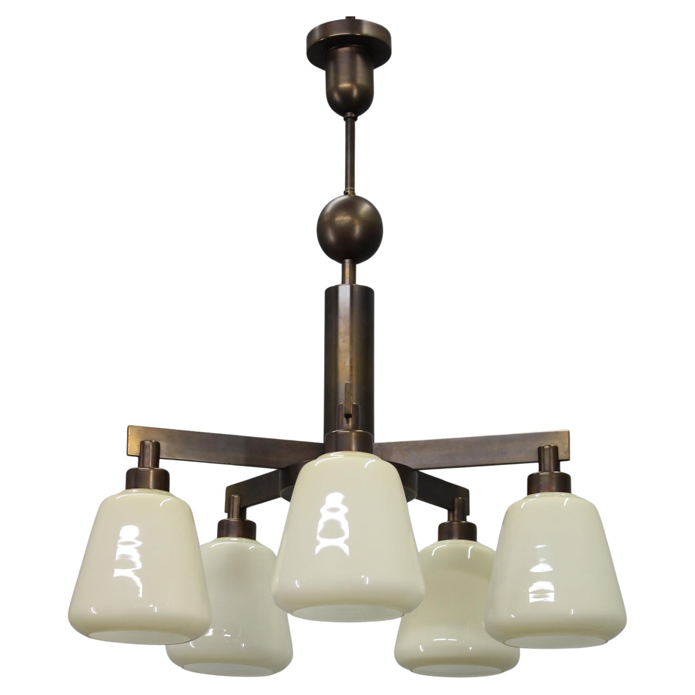 1930s Art Deco Brass Chandelier, Czechoslovakia