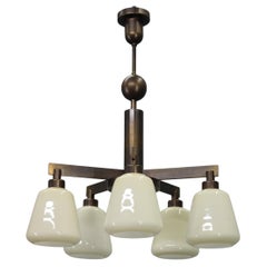 1930s Art Deco Brass Chandelier, Czechoslovakia