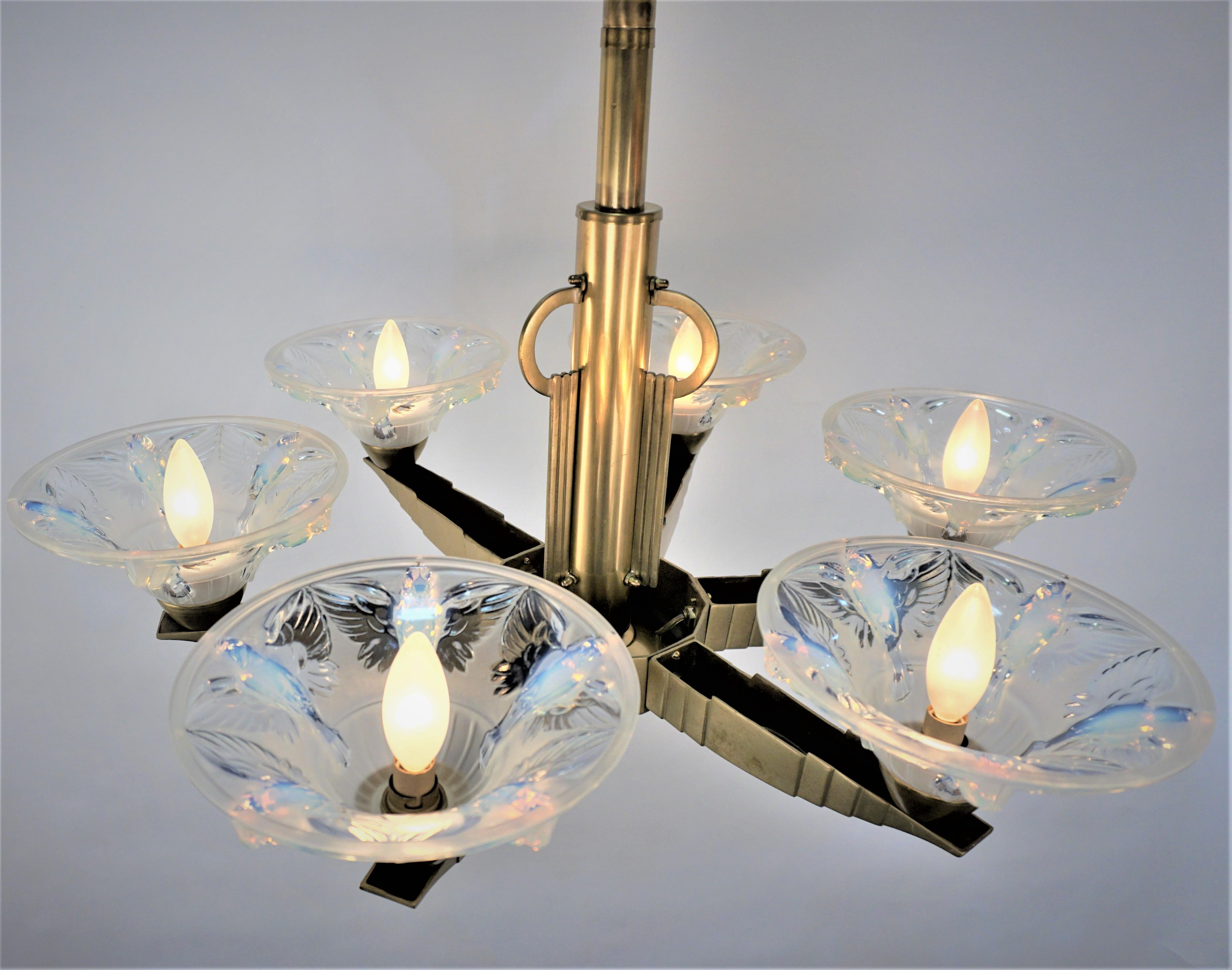 1930's Art Deco Bronze Chandelier with Design Glass by Boris Lacroix  5