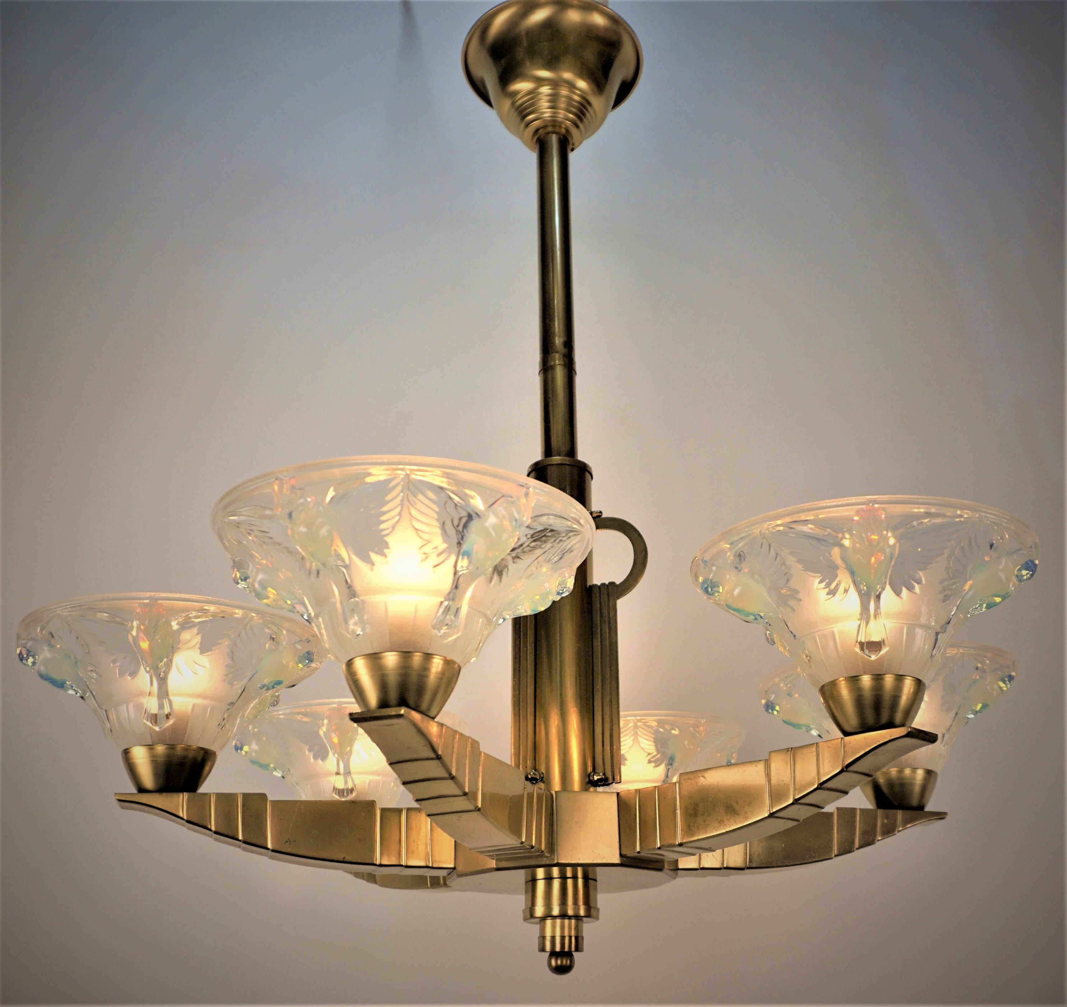 Bronze art deco chandelier with flying bird opalescent honey blue color glass shades. 
Price per chandelier,2 in stock and sold individually.