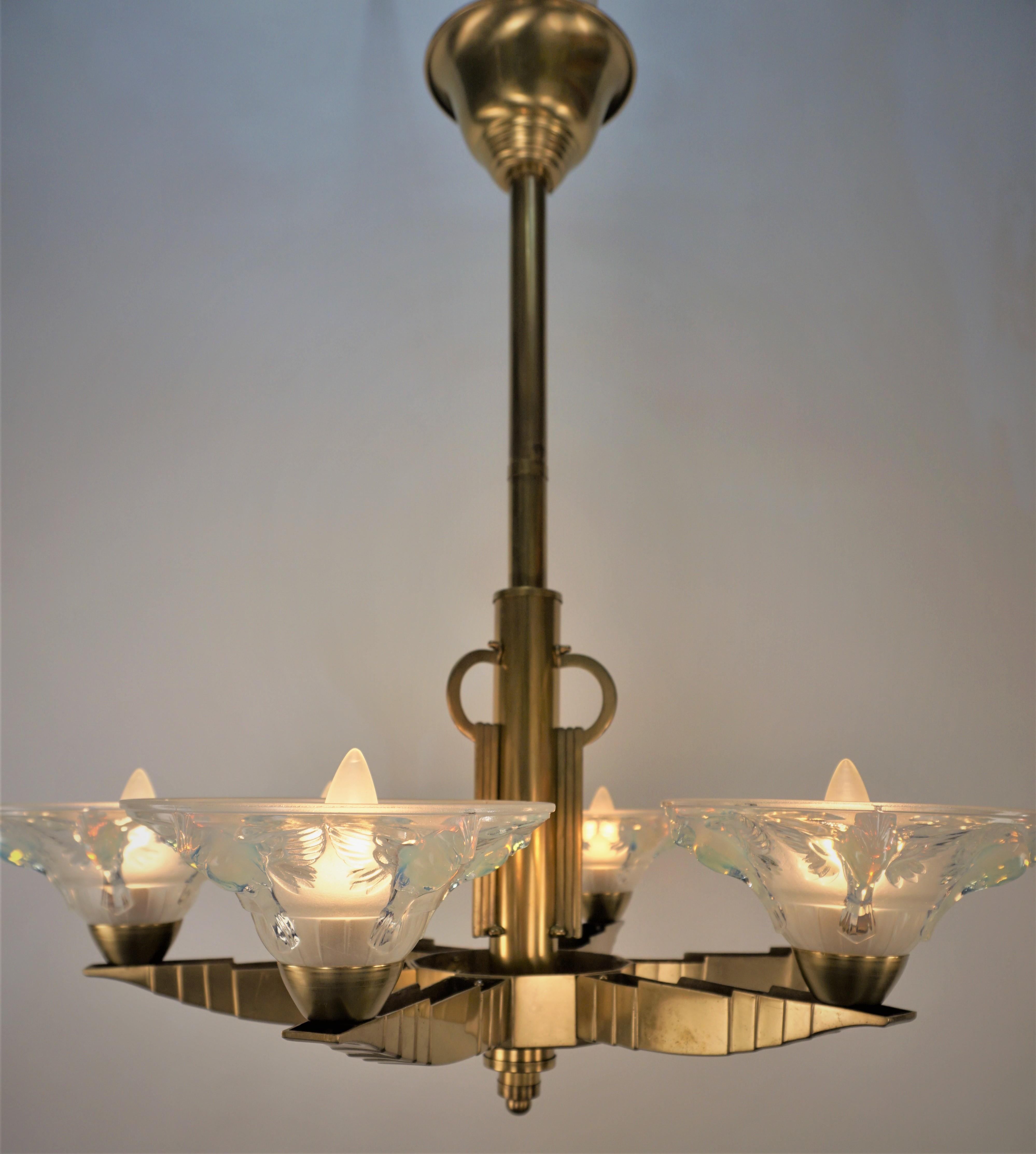 French 1930's Art Deco Bronze Chandelier with Design Glass by Boris Lacroix 