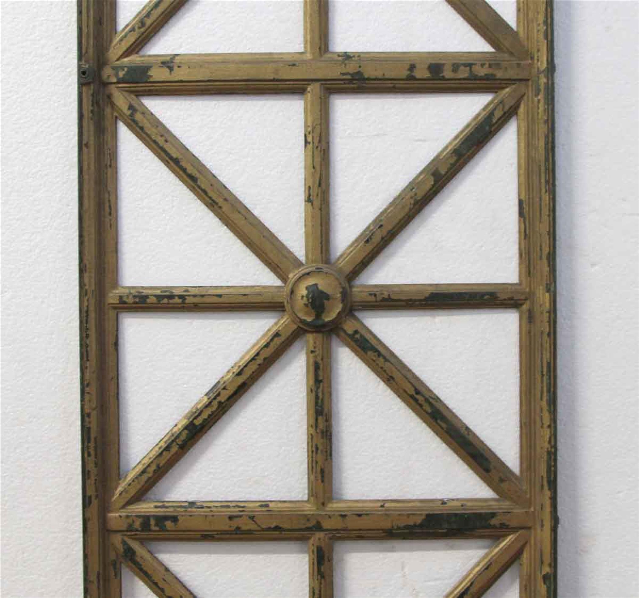 1930s geometric Art Deco decorative grate with center florets. Originally from a New York City bank elevator, this piece can be used as a door inset or transom. his can be seen at our 400 Gilligan St location in Scranton, PA.