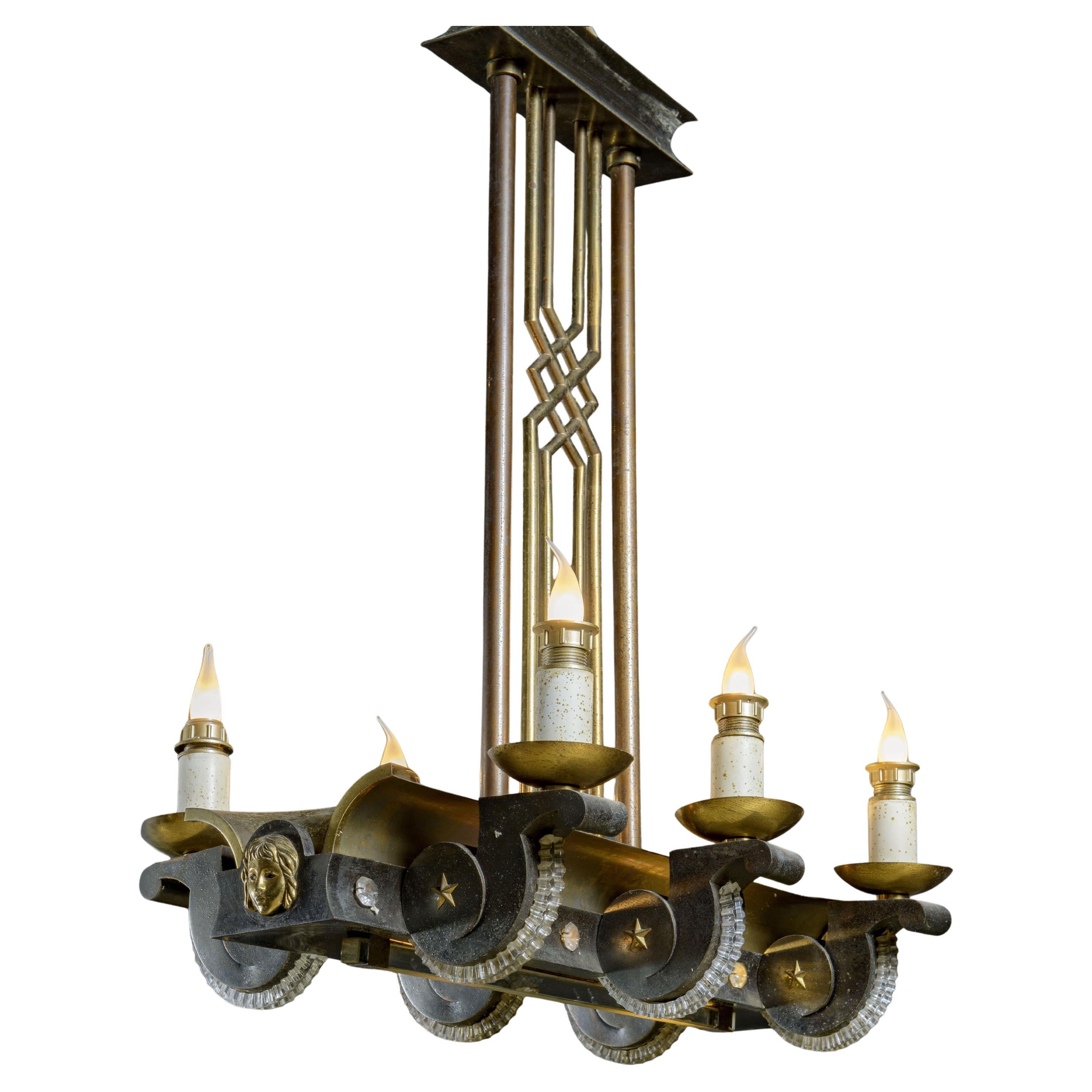1930s Art Decò Bronze French Chandelier