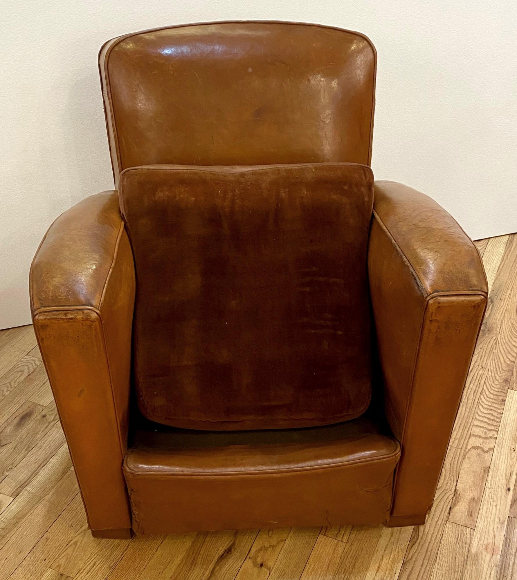 1930s Art Deco Brown Leather French Refurbished Club Chair 4