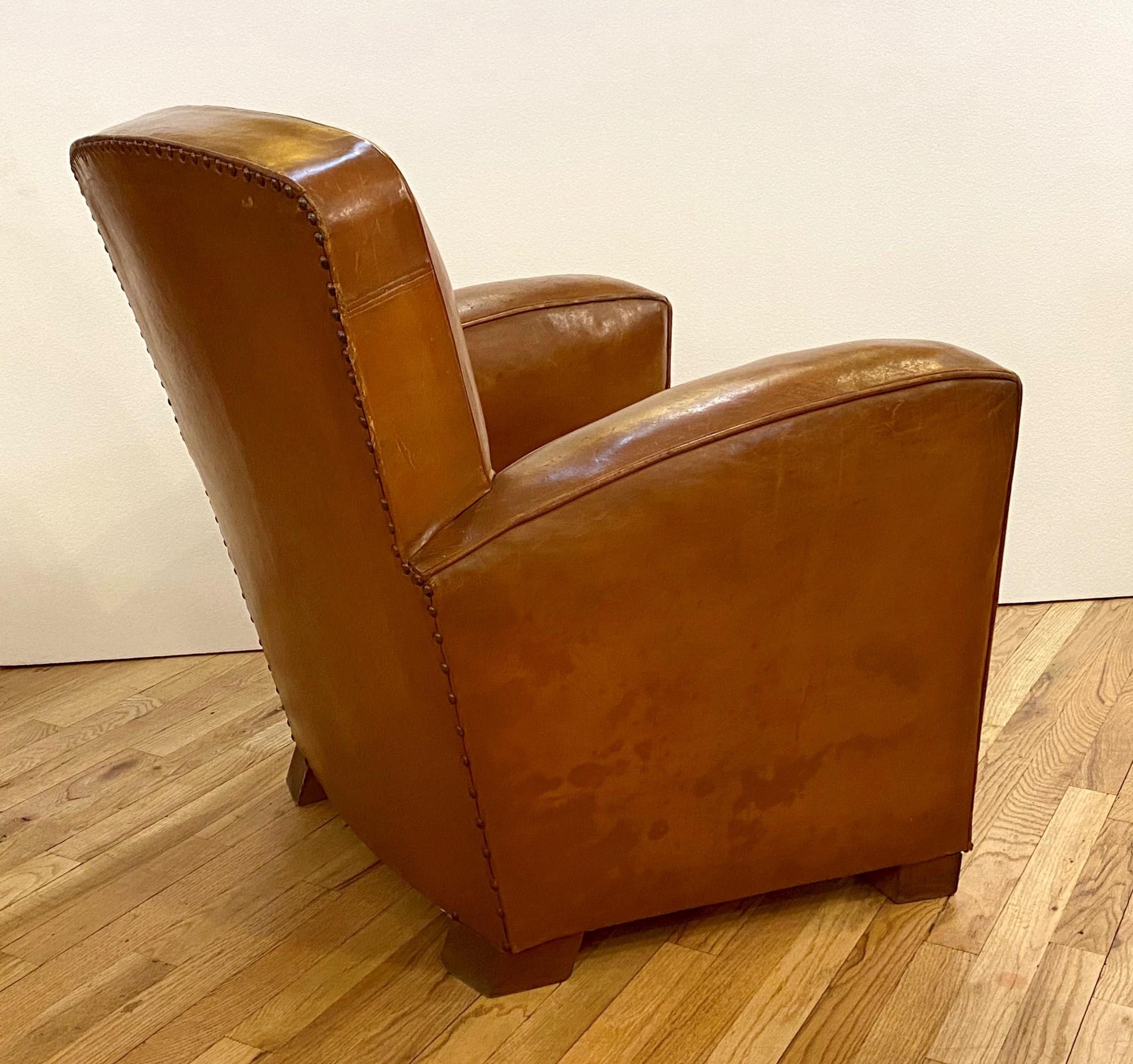 1930s Art Deco Brown Leather French Refurbished Club Chair In Good Condition In New York, NY