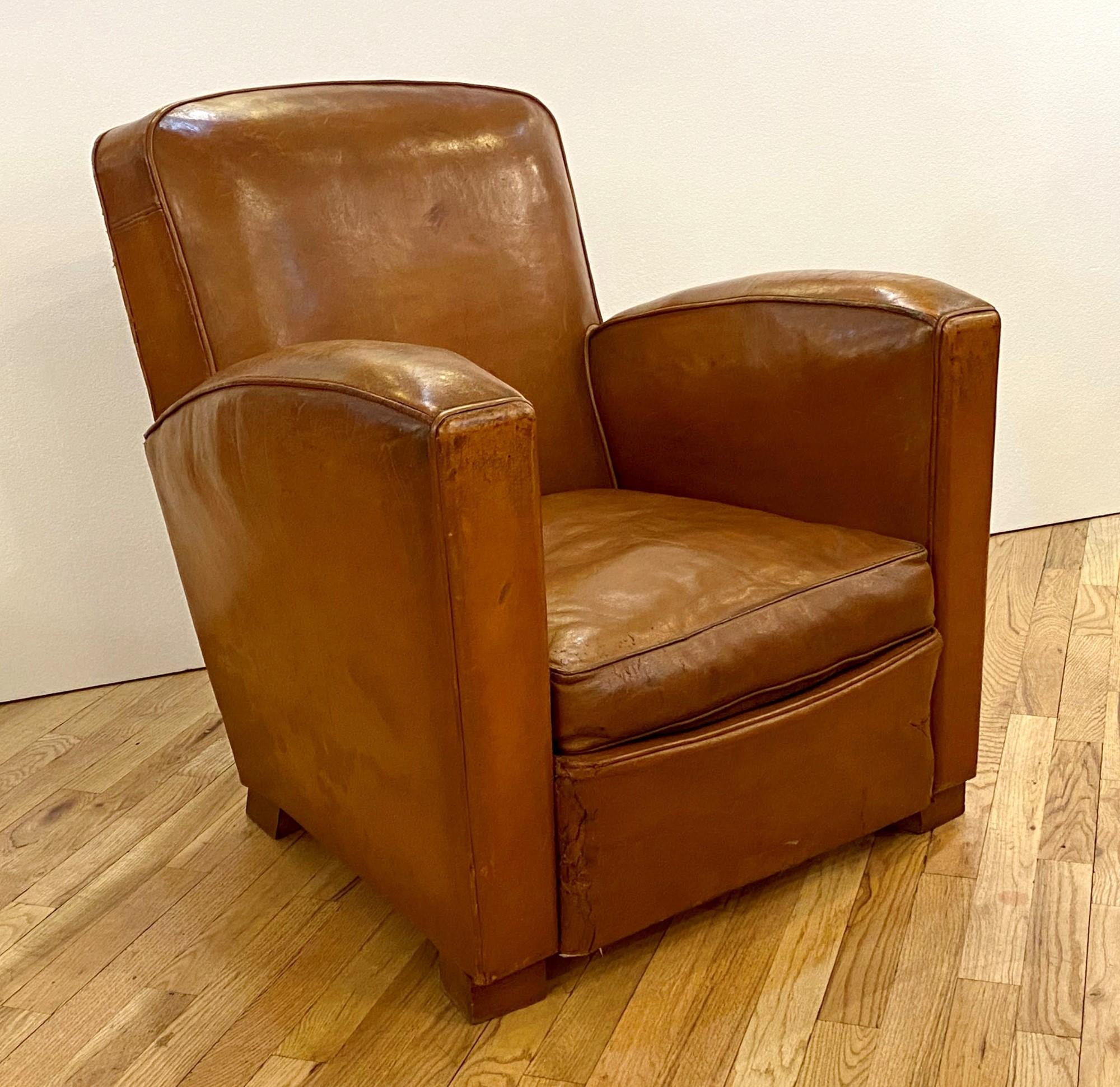 20th Century 1930s Art Deco Brown Leather French Refurbished Club Chair