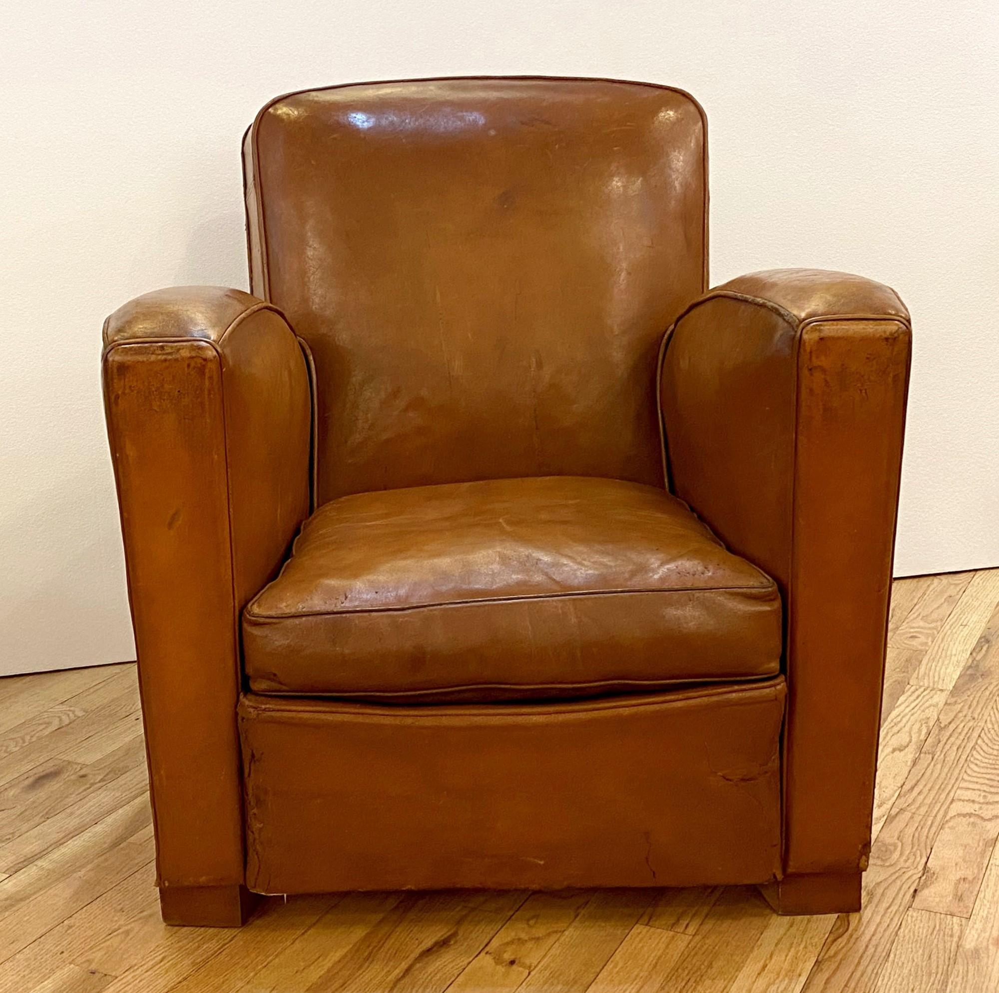 1930s Art Deco Brown Leather French Refurbished Club Chair 1
