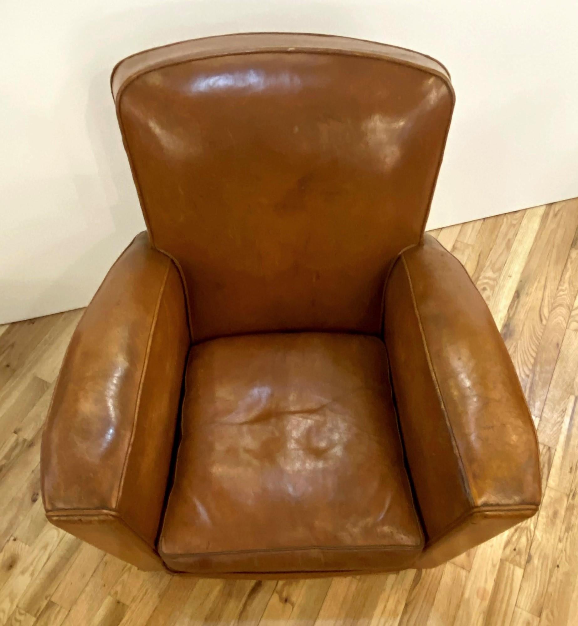 1930s Art Deco Brown Leather French Refurbished Club Chair 2