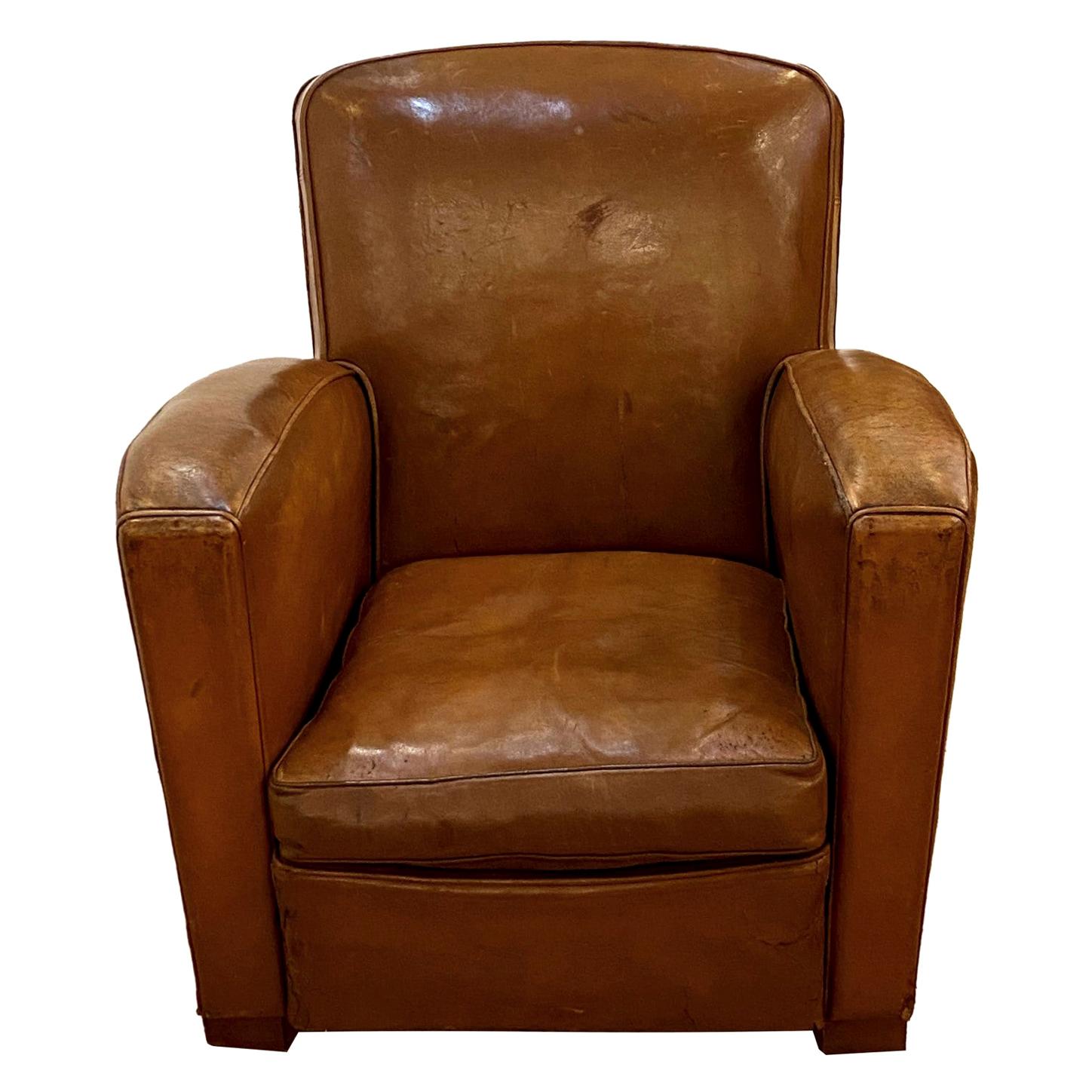 1930s Art Deco Brown Leather French Refurbished Club Chair