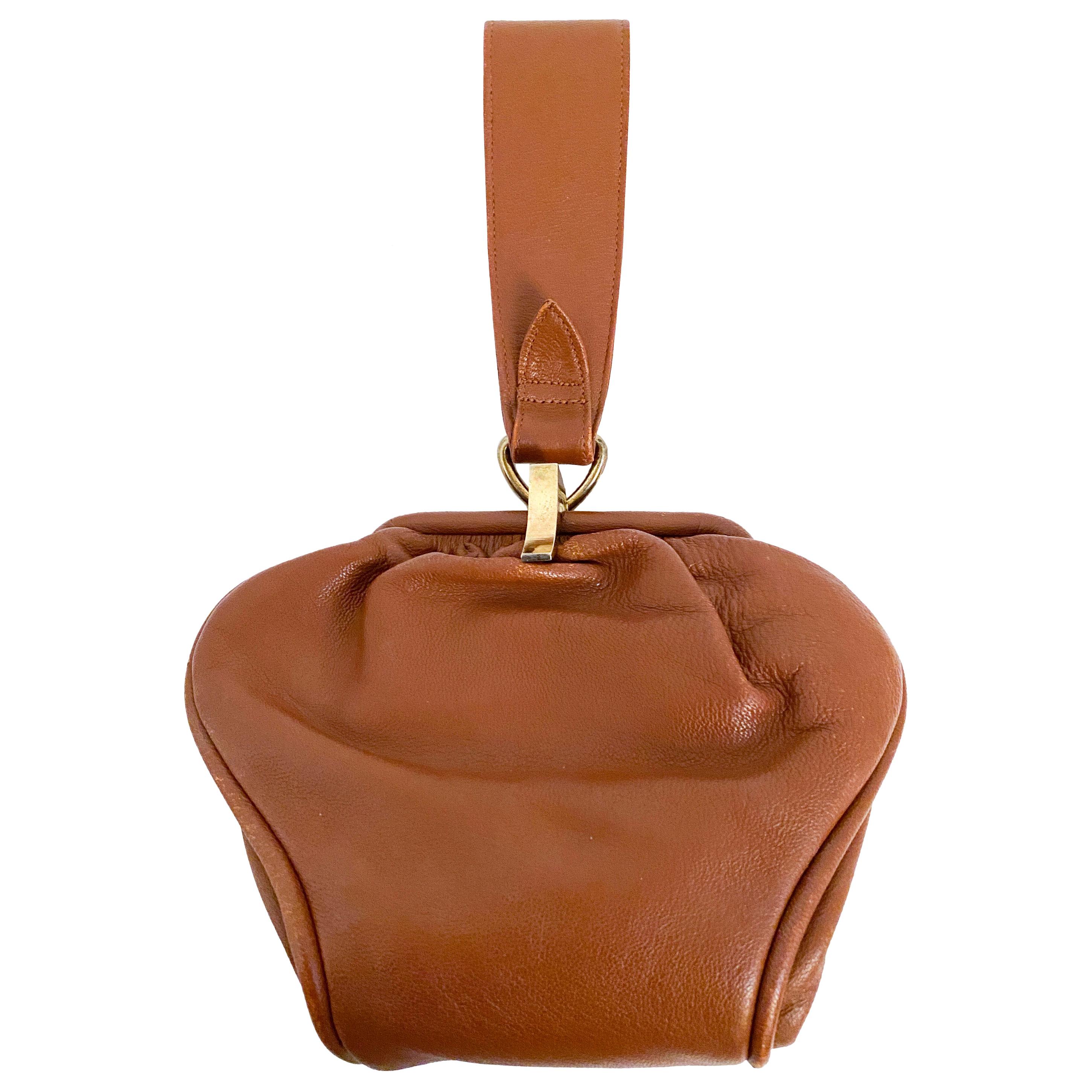 1930s Art Deco Brown Leather Handbag with Wrist Strap