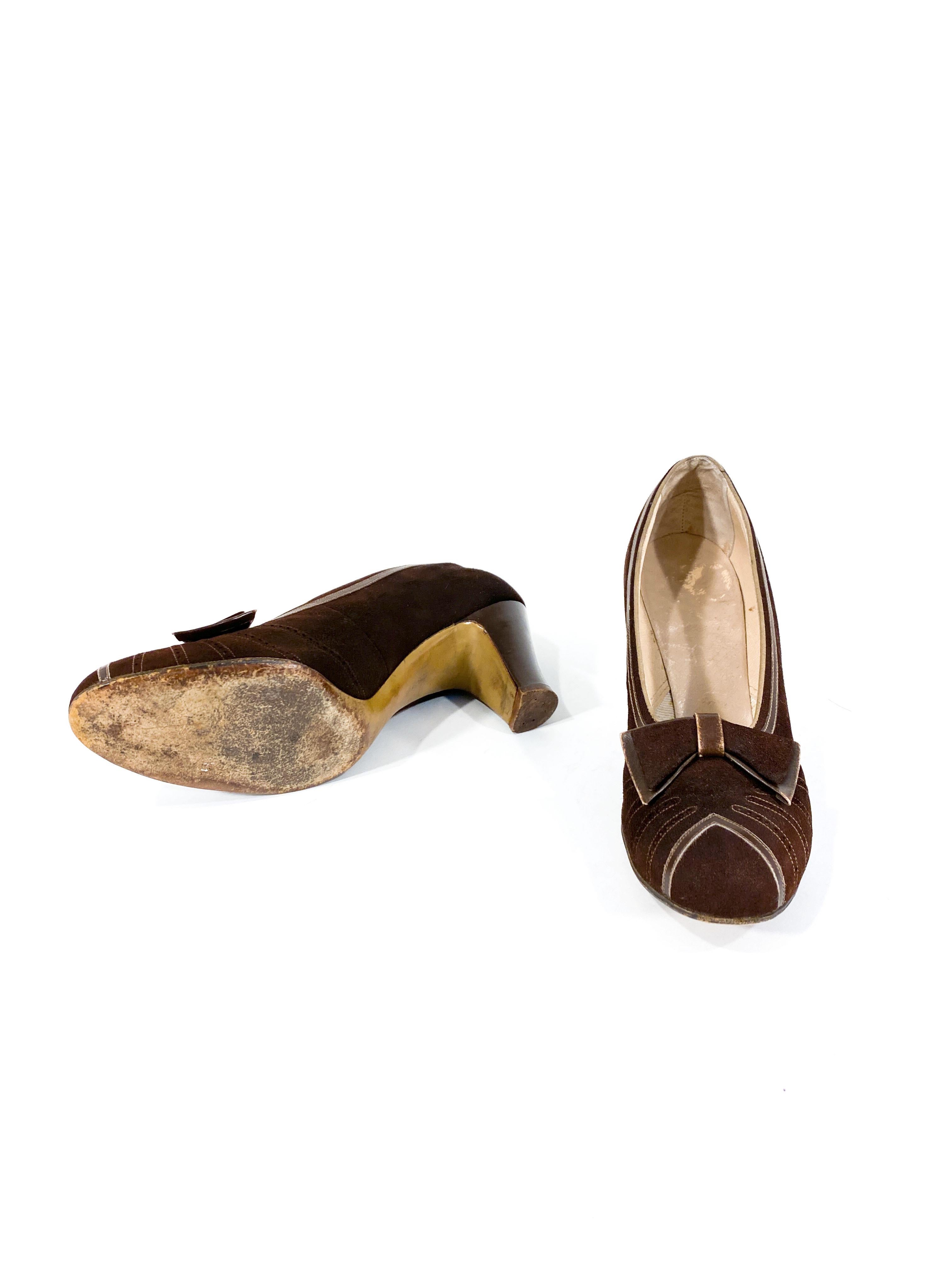 1930s Art Deco Brown Suede and leather Heels In Good Condition For Sale In San Francisco, CA