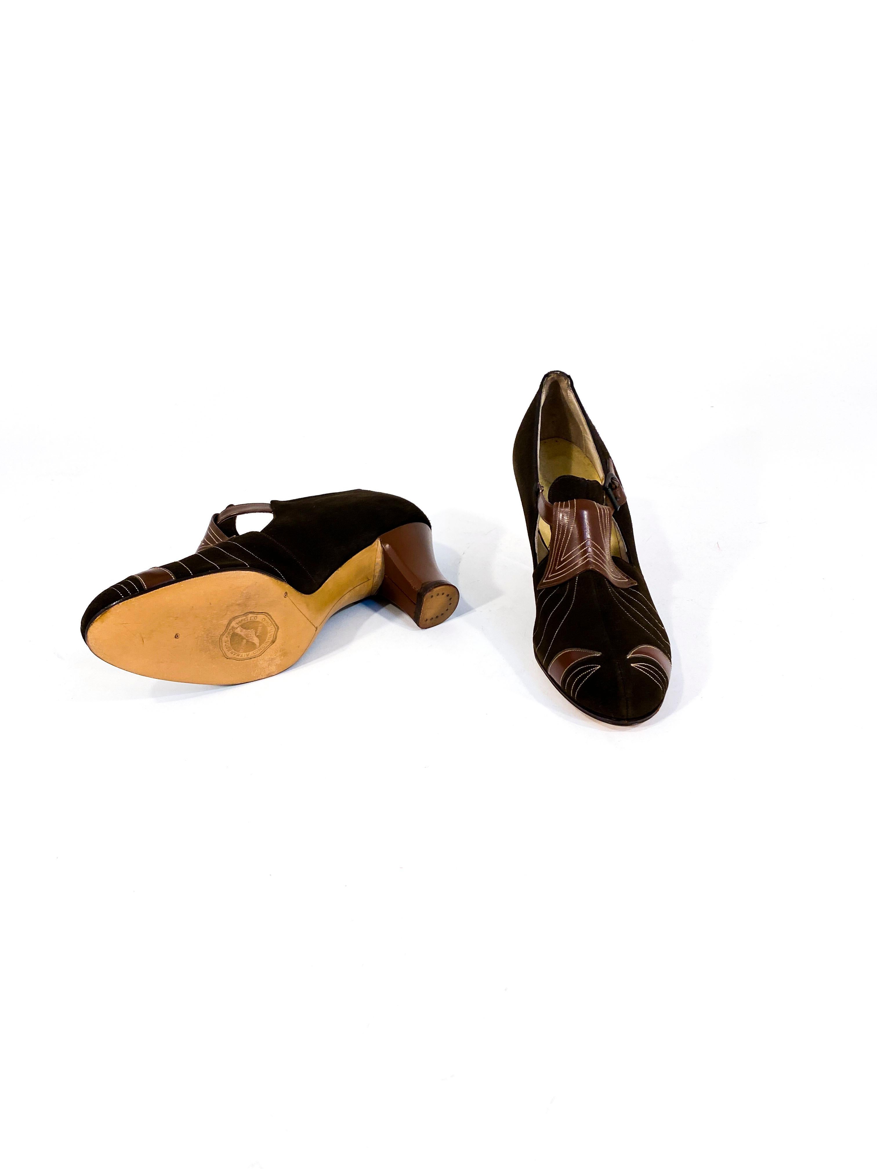 Black 1930s Art Deco Brown Suede and Leather Heels