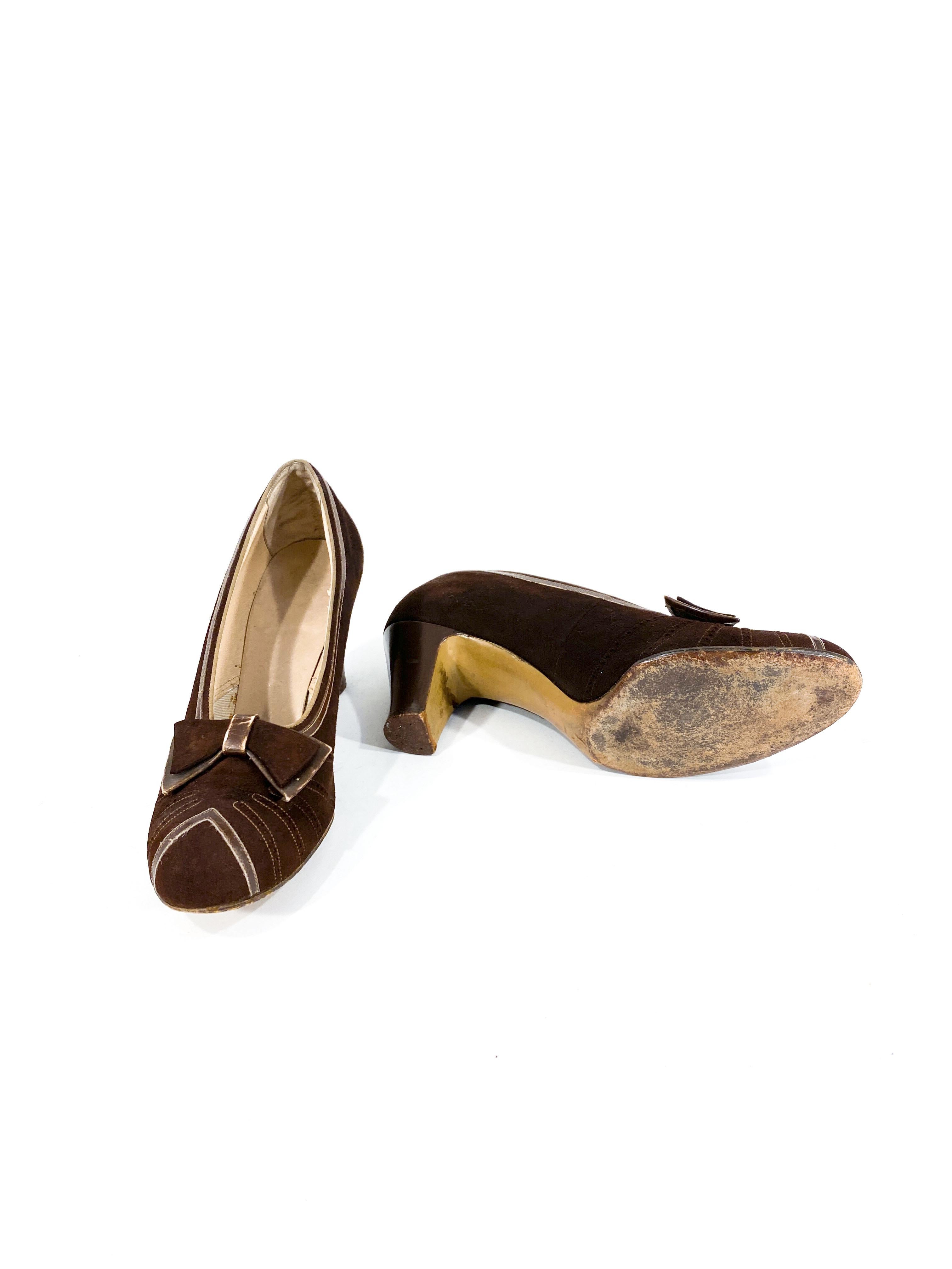 Women's or Men's 1930s Art Deco Brown Suede and leather Heels For Sale