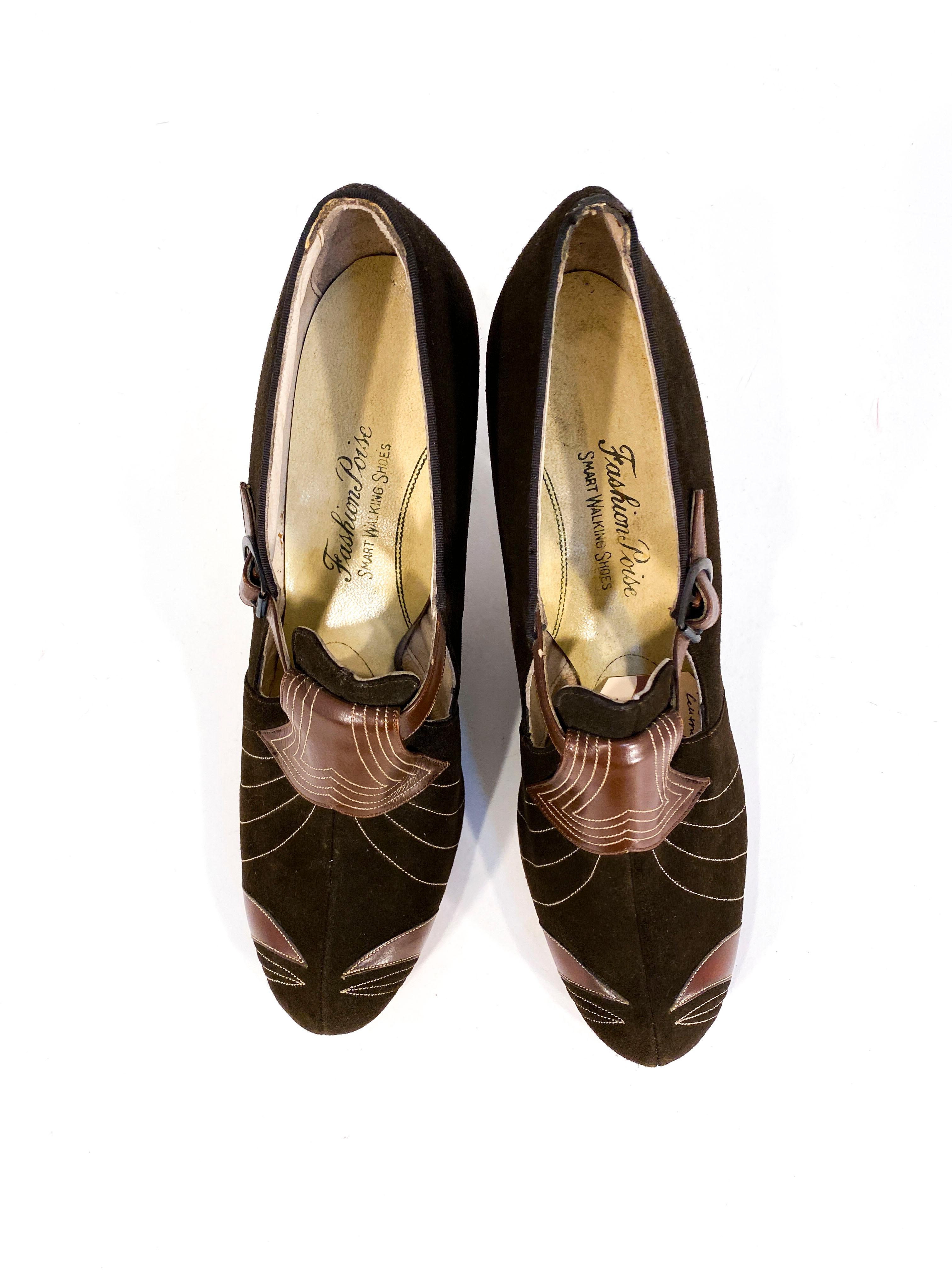 1930s Art Deco Brown Suede and Leather Heels In Good Condition In San Francisco, CA