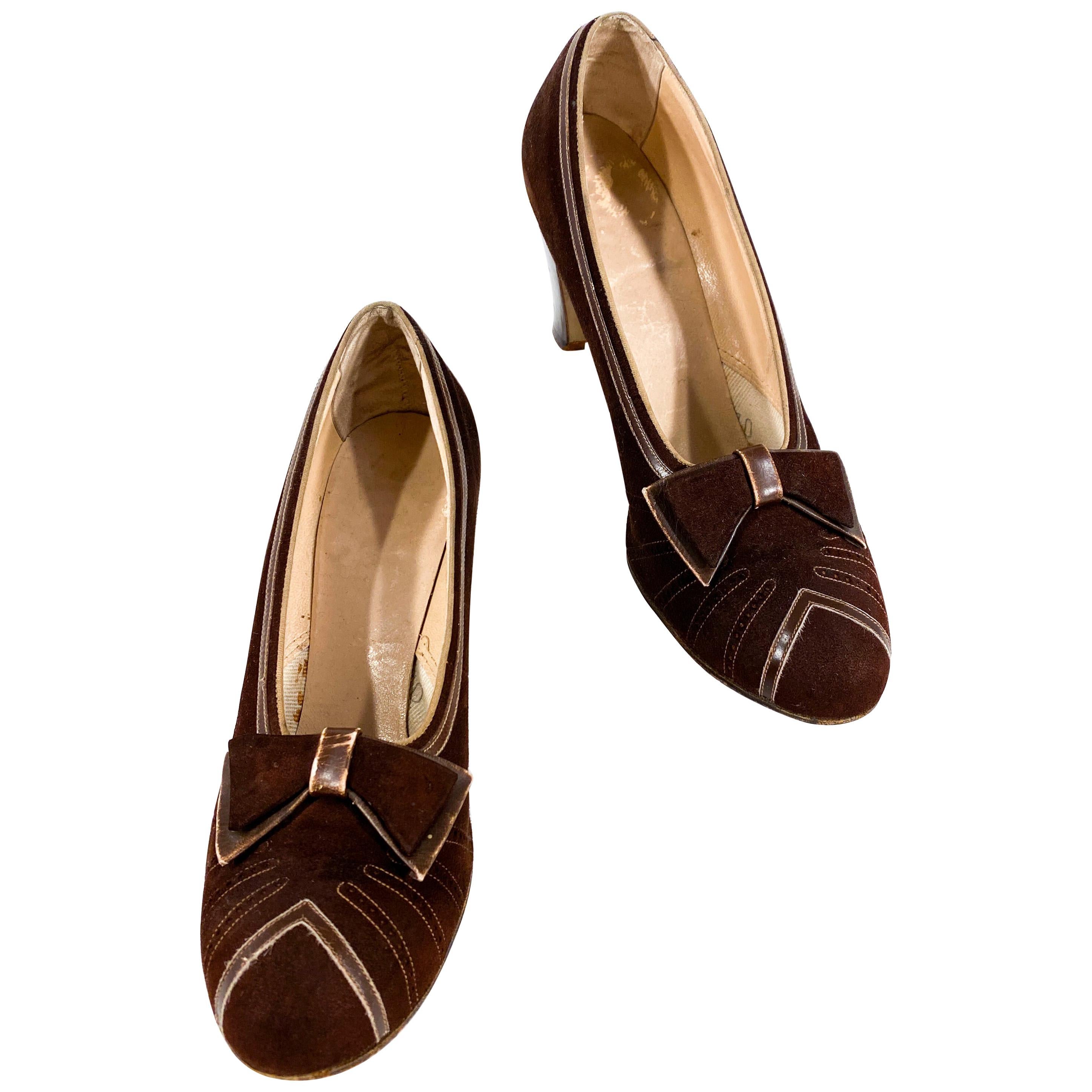 1930s Art Deco Brown Suede and leather Heels For Sale