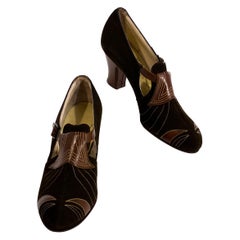 1930s Art Deco Brown Suede and Leather Heels