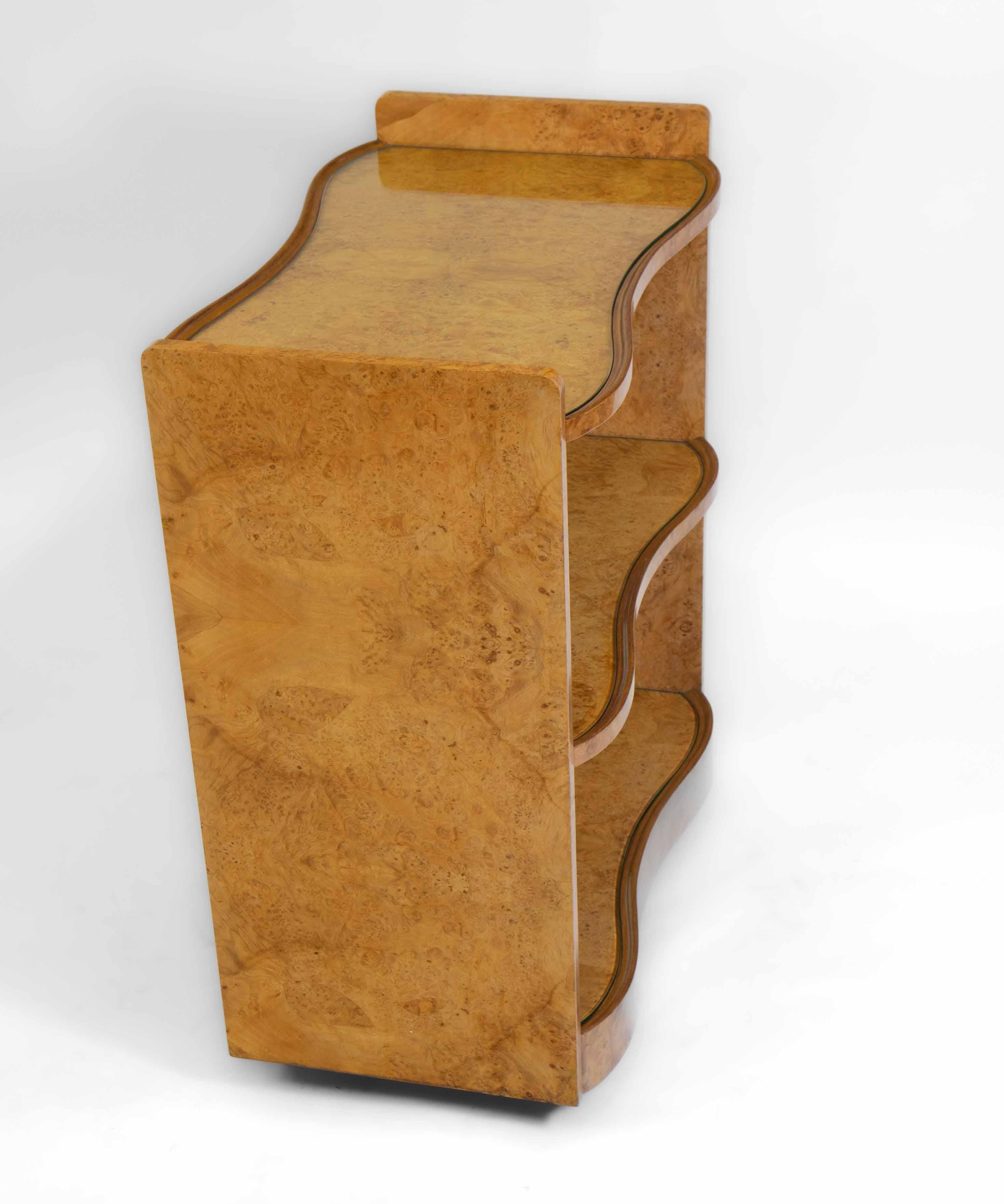 English 1930’s Art Deco Burr Maple Etagere Drinks Trolley Attributed to H&L Epstein For Sale