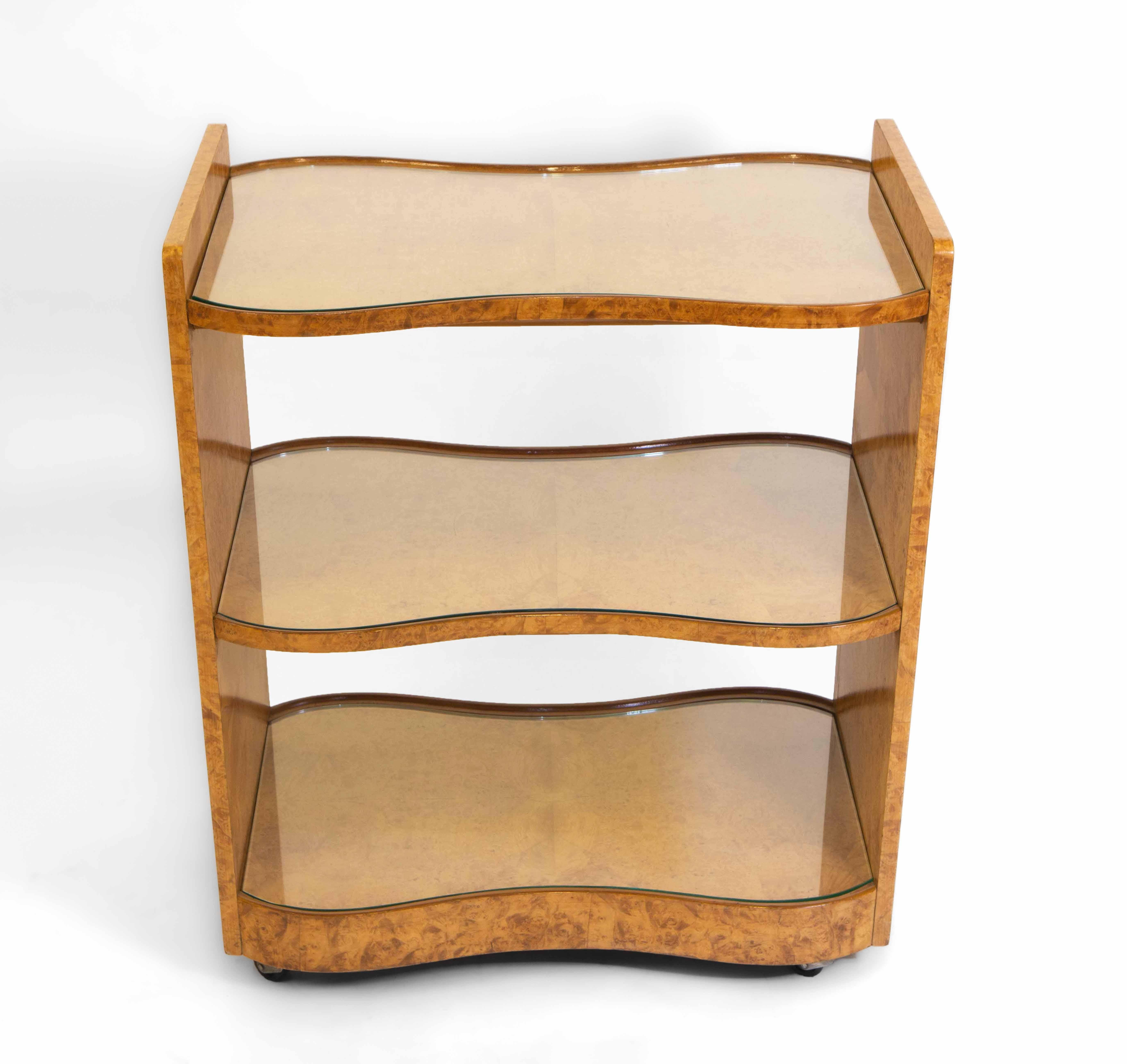 1930’s Art Deco Burr Maple Etagere Drinks Trolley Attributed to H&L Epstein In Good Condition For Sale In Norwich, GB