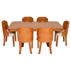 1930s Art Deco Burr Walnut Cloud Back Dining Table & Chairs