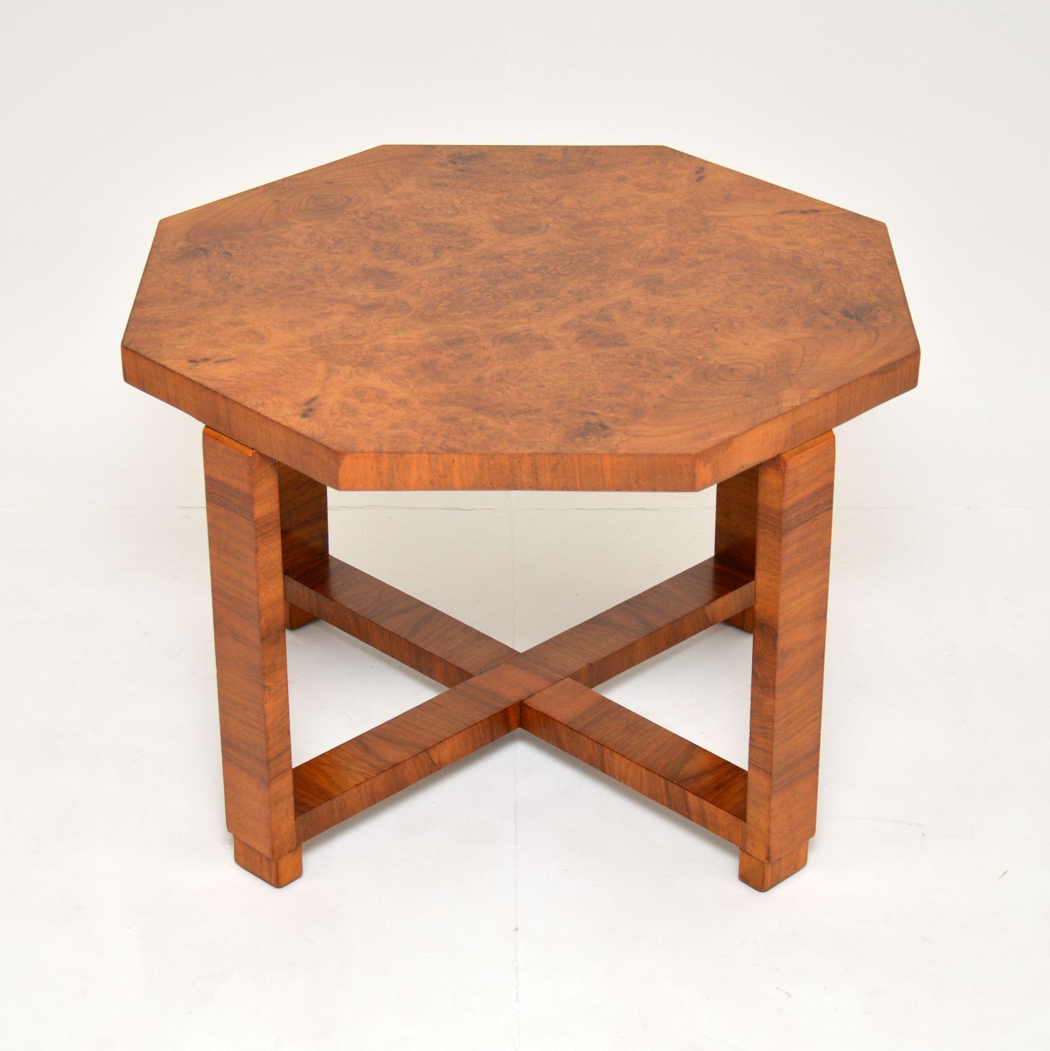 A stunning original Art Deco period octagonal coffee table. This was made in England, it dates from the 1930’s.

The quality is amazing, this is a very impressive item and is a great size. The top has very thick edges and beautiful burr walnut