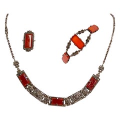 1930s Art Deco Carnelian and Sterling Silver Jewelry Set