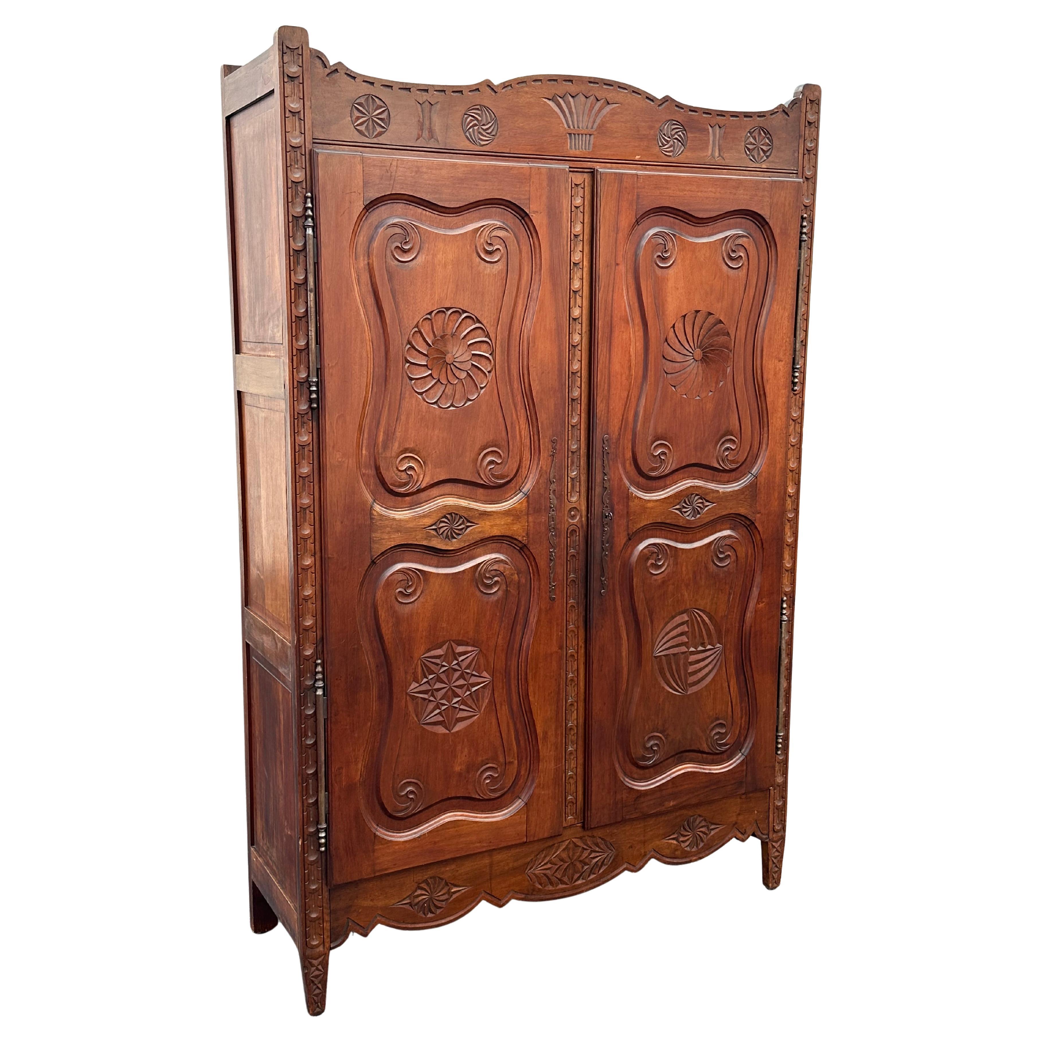 1930s Art Deco Carved Walnut Tall Bar Cabinet Mirrored Armoire