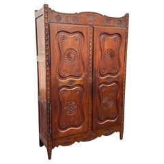 1930s Art Deco Carved Walnut Wood Anglo Style Tall Bar Cabinet Mirrored Armoire