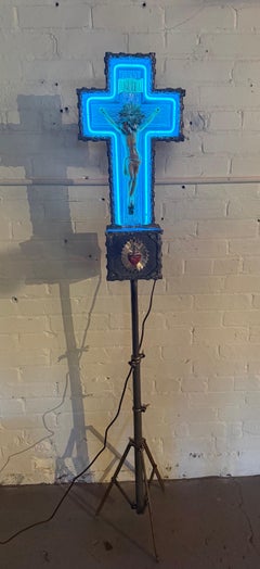 1930s Art Deco Cast Aluminum and Blue Neon Crusifix.. with Sacred Heart