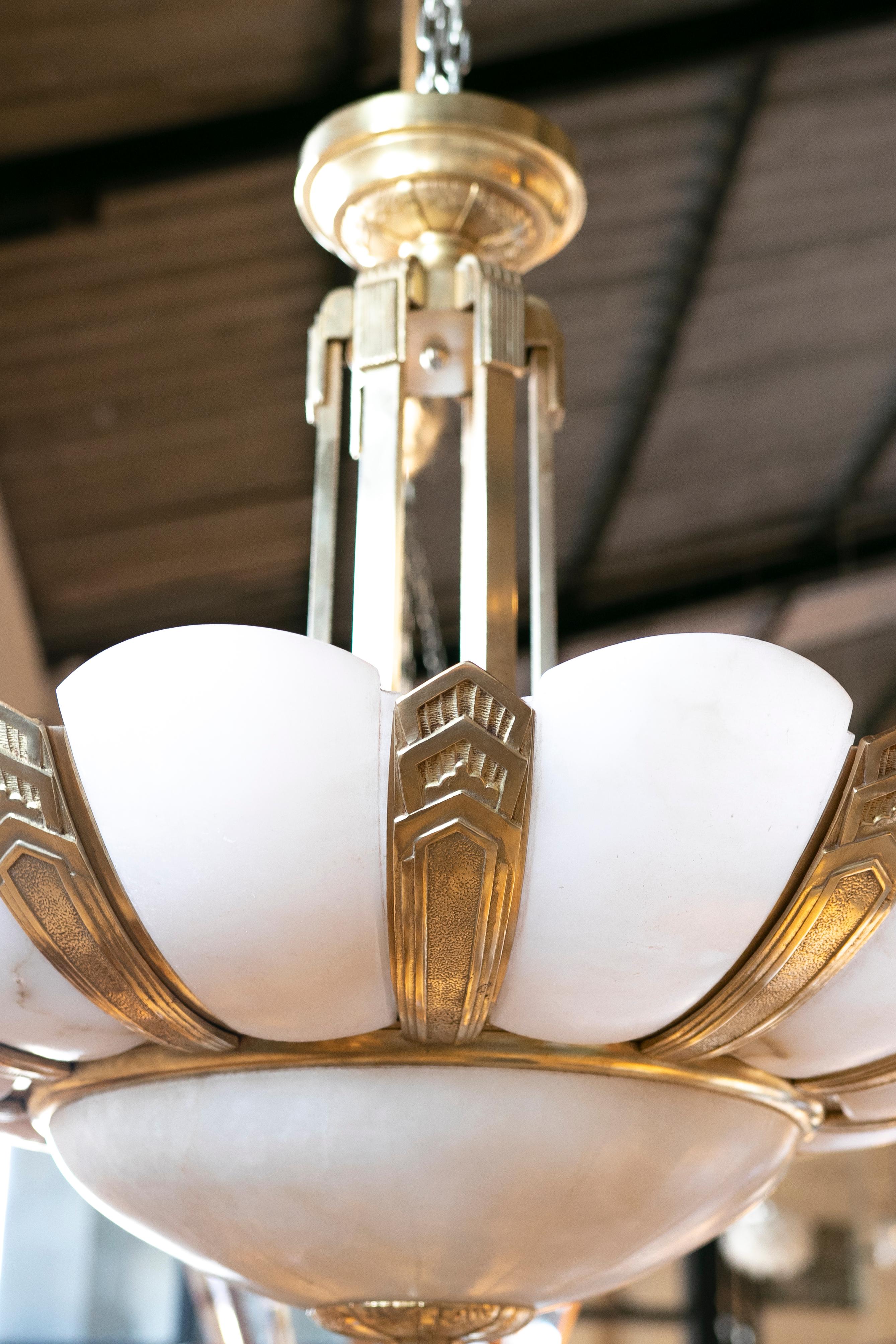  1930s Art Deco Ceiling Lamp in Alabaster and Bronze 6