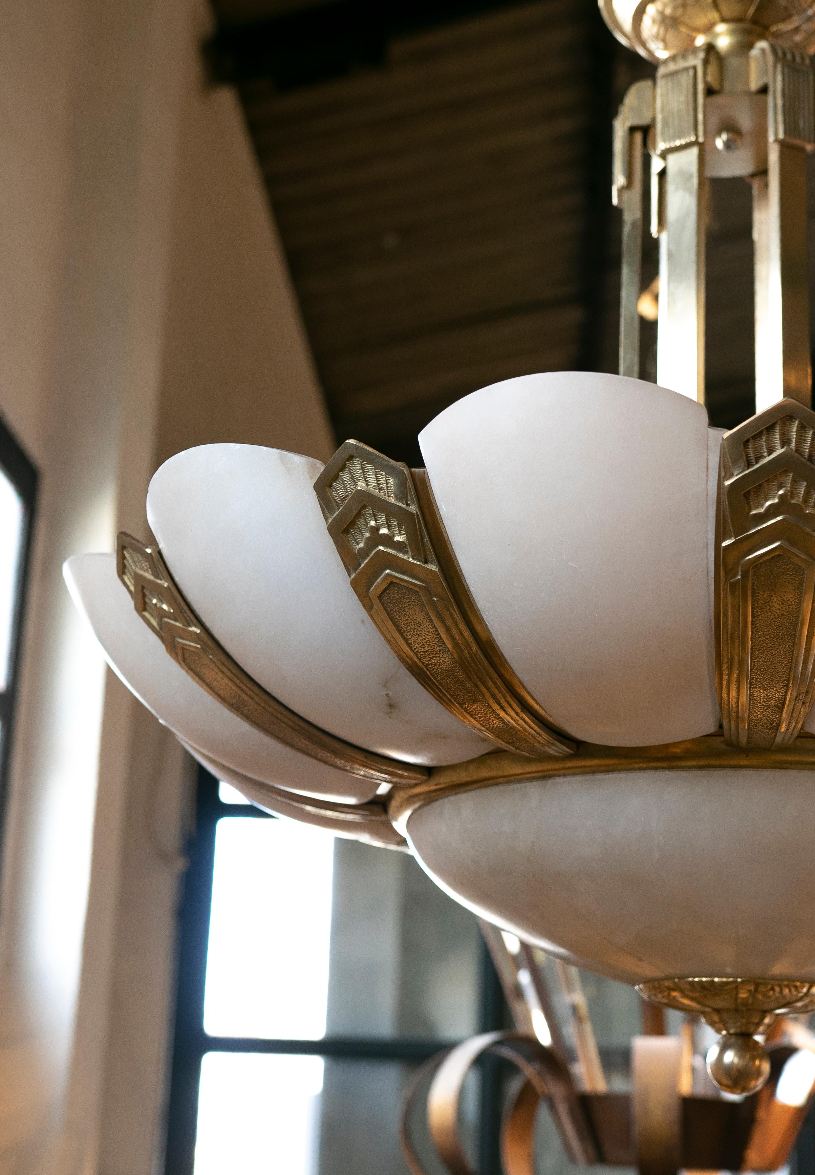  1930s Art Deco Ceiling Lamp in Alabaster and Bronze 7