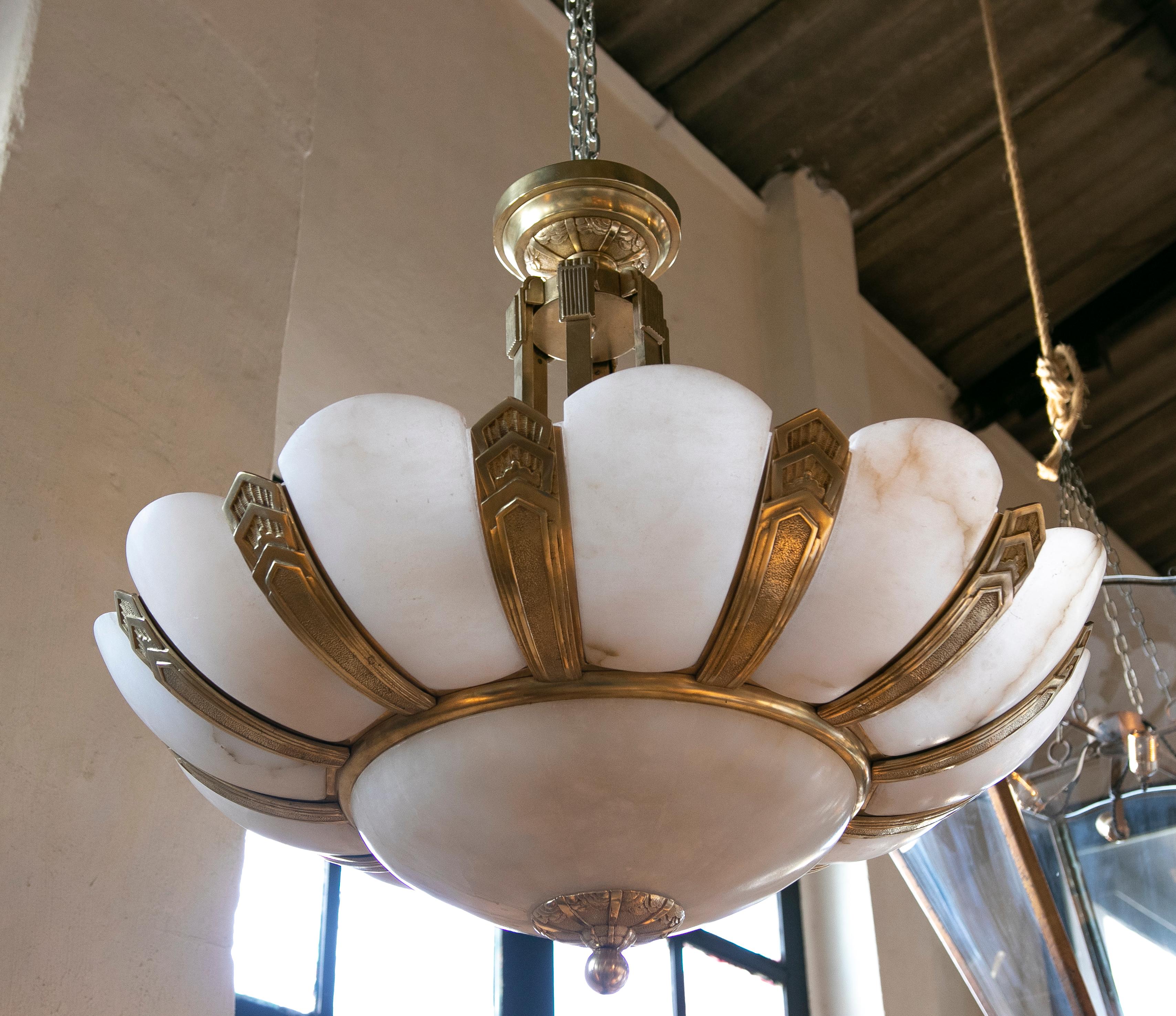  1930s Art Deco Ceiling Lamp in Alabaster and Bronze 10