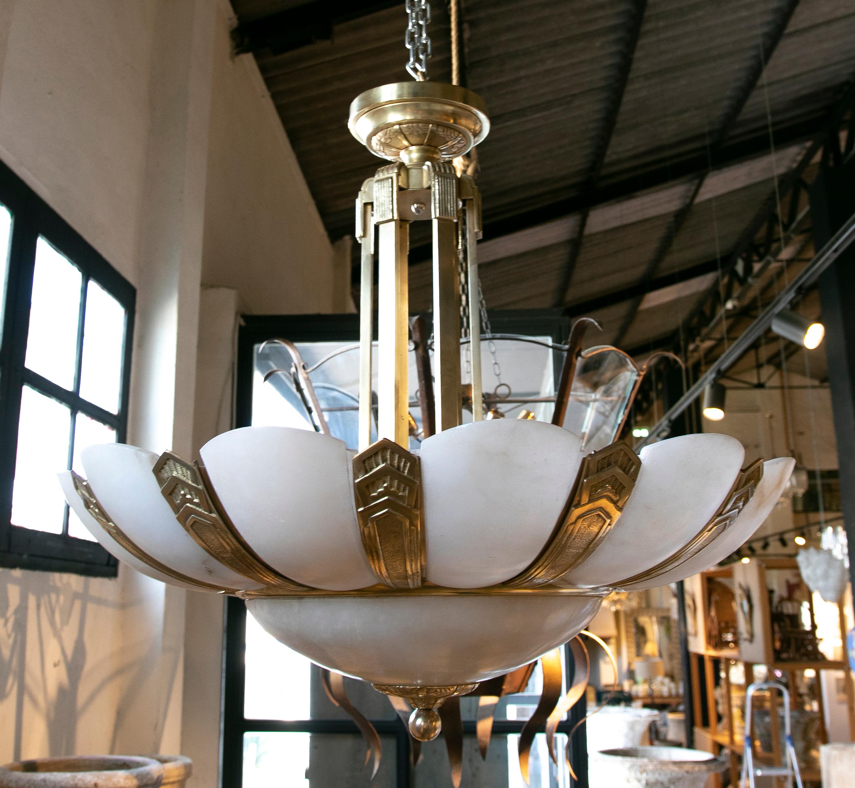 1930s Art Deco ceiling lamp in alabaster and bronze.